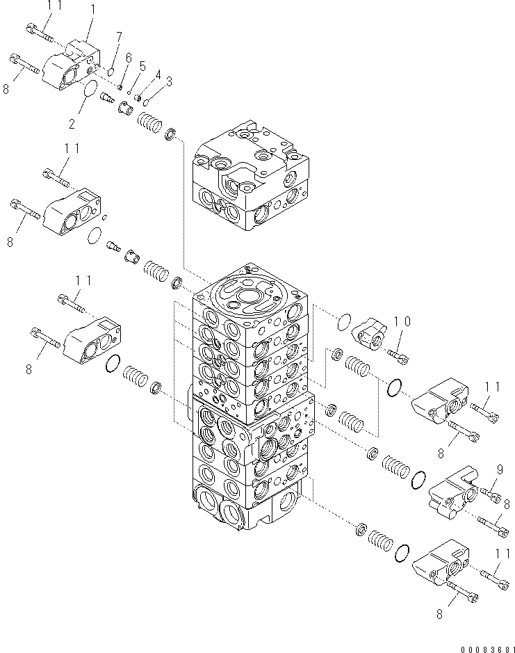 Komatsu parts book diagram for PC57-7 S/N DJB10001-up: MAIN VALVE (8-VALVE) (9/22)(#DJB04671-)