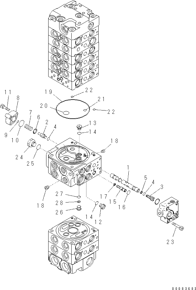 Komatsu parts book diagram for PC57-7 S/N DJB10001-up: MAIN VALVE (8-VALVE) (14/22)(#DJB04671-)