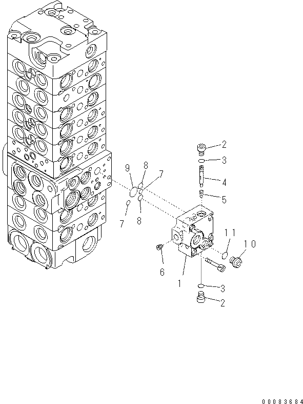 Komatsu parts book diagram for PC57-7 S/N DJB10001-up: MAIN VALVE (8-VALVE) (15/22)(#DJB04671-)