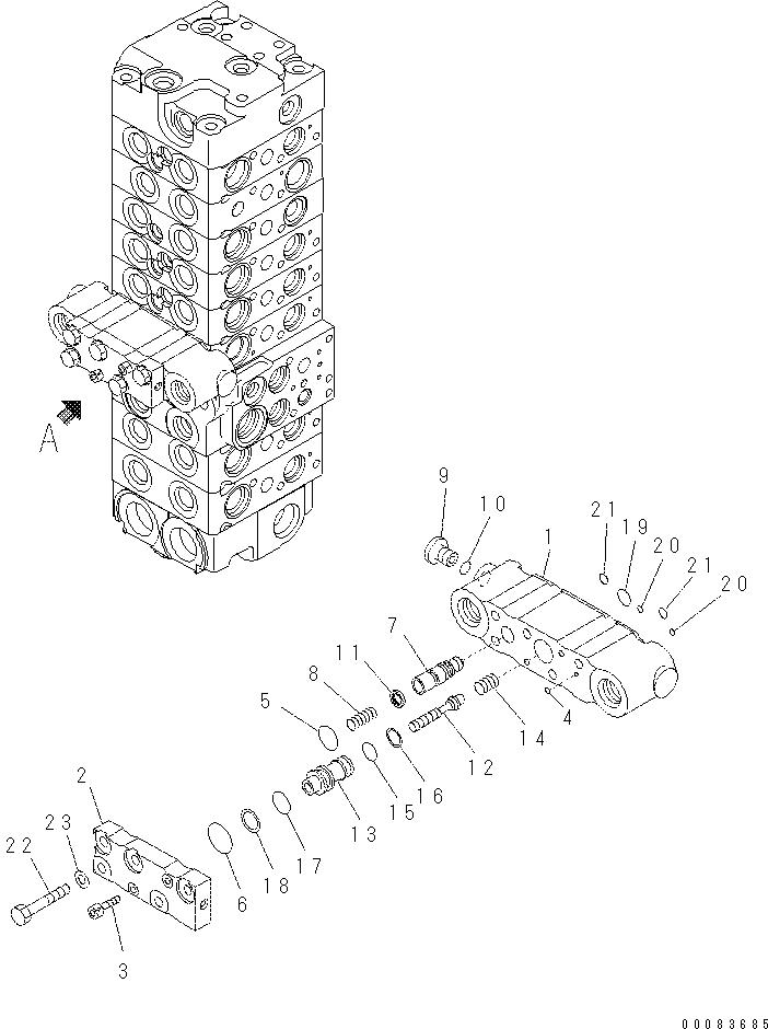 Komatsu parts book diagram for PC57-7 S/N DJB10001-up: MAIN VALVE (8-VALVE) (17/22)(#DJB04671-)