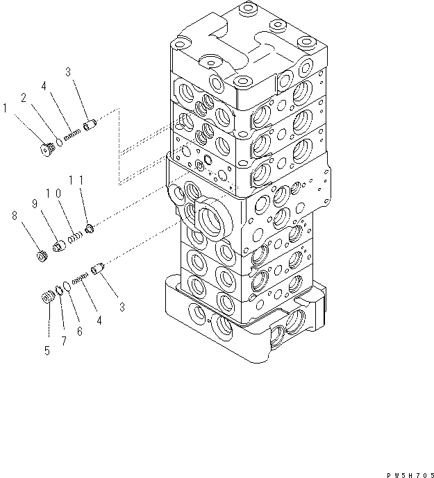 Komatsu parts book diagram for PC60-8 S/N DJA20001-up: MAIN VALVE (6-VALVE) (4/16)