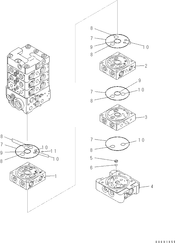 Komatsu parts book diagram for PC60-8 S/N DJA20001-up: MAIN VALVE (6-VALVE) (7/16)