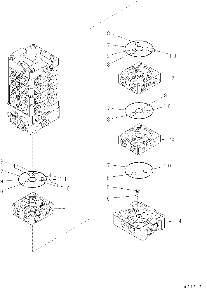 Komatsu parts book diagram for PC60-8 S/N DJA20001-up: MAIN VALVE (7-VALVE) (7/18)