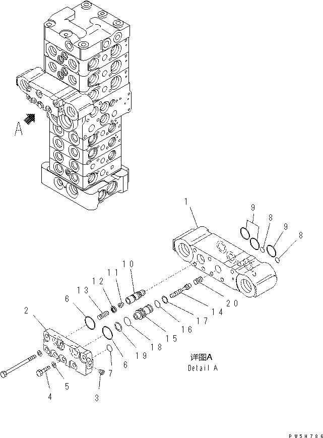 Komatsu parts book diagram for PC60-8 S/N DJA20001-up: MAIN VALVE (7-VALVE) (16/18) (WITH BLADE)