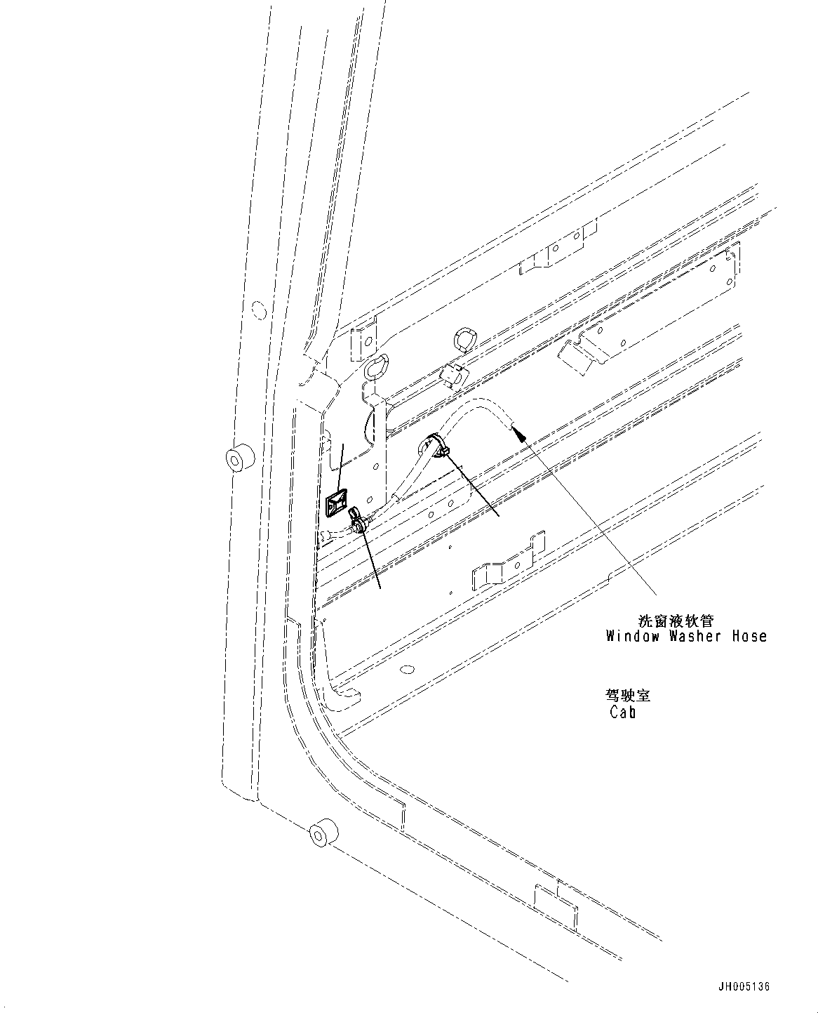 Excavators Komatsu / PC130-8M0 S/N DJE10001-up(KC_EB010) / CAB AND FLOOR FRAME GROUP (WITHOUT 1-ADDITIONAL ACTUATOR PIPING, ACCUMULATOR) (CAB IN PARTS, WASHER HOSE MOUNTING)(|K00222 : |K00222)