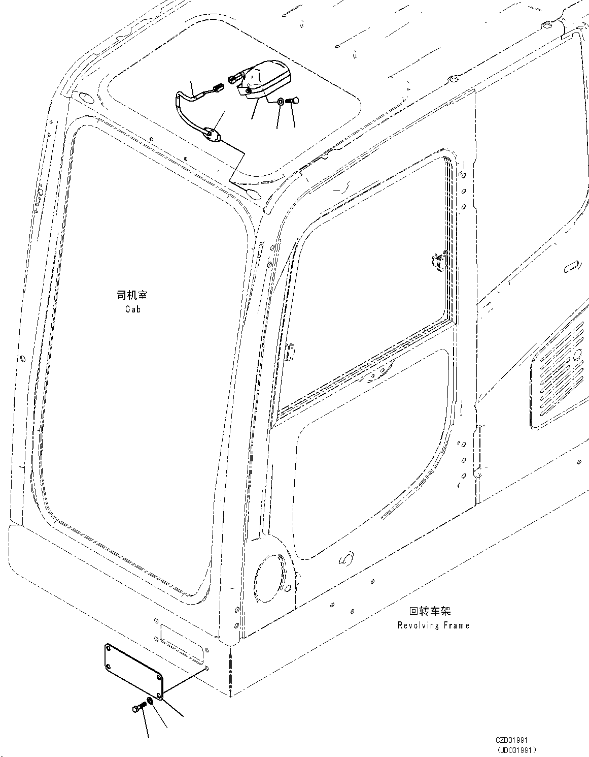 Excavators Komatsu / PC700LC-8E0 S/N DZCA0001-up(KC_EB016) / ADDITIONAL WORKING LAMP (WITH STEP LAMP, CAB TOP GUARD LV2)(|E00057 : |E00057)