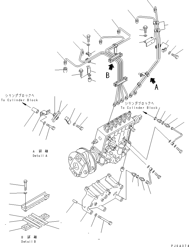 Diesel Generators Komatsu / EGS760       SAA6D170-P740(KDP0311C) / FUEL INJECTION PUMP BRACKET AND FUEL PIPING (GOVERNOR LESS ? ACTUATOR SPEC.)(#18030-19527)(030840 : A4030-A6C2A)