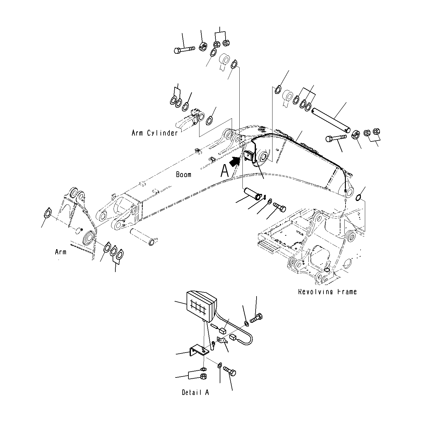 Komatsu parts book diagram for PC300-8M0 S/N J40001-UP: BOOM (CYLINDER PIN AND WORKING LAMP)(100H)(6500MM)(OPTION)
