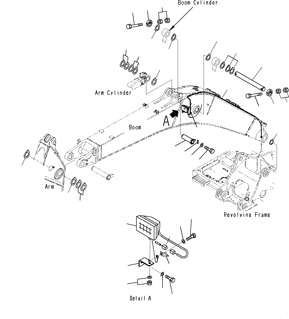 Komatsu parts book diagram for PC300-8M0 S/N J40001-UP: BOOM (CYLINDER PIN AND WORKING LAMP)(100H)(6000MM)(STD)