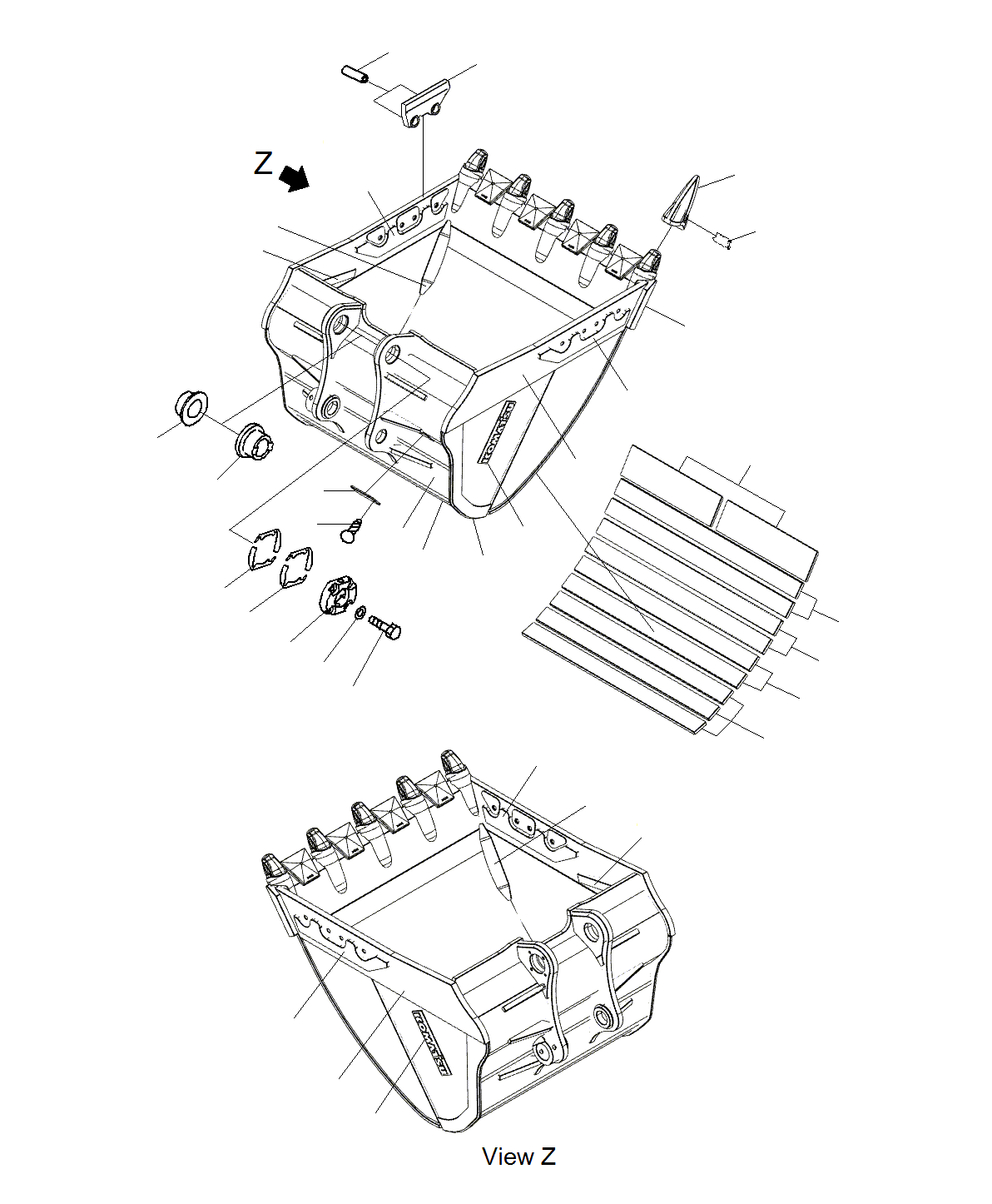 Komatsu parts book diagram for PC300-8M0 S/N J40001-UP: BUCKET 2.3M3 (ME BUCKET)(STD)