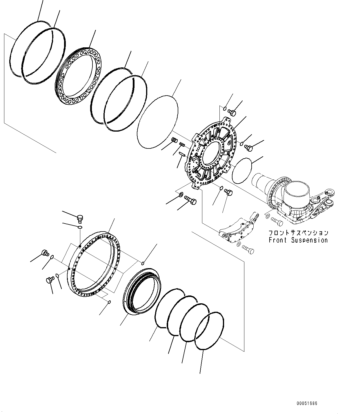 Komatsu parts book diagram for HD785-NI-7 S/N N10561-UP: FRONT AXLE (SUSPENSION, HYDRONEUMATIC, VHMS, PAYLOAD METER) (BRAKE, R.H.) (1/3)