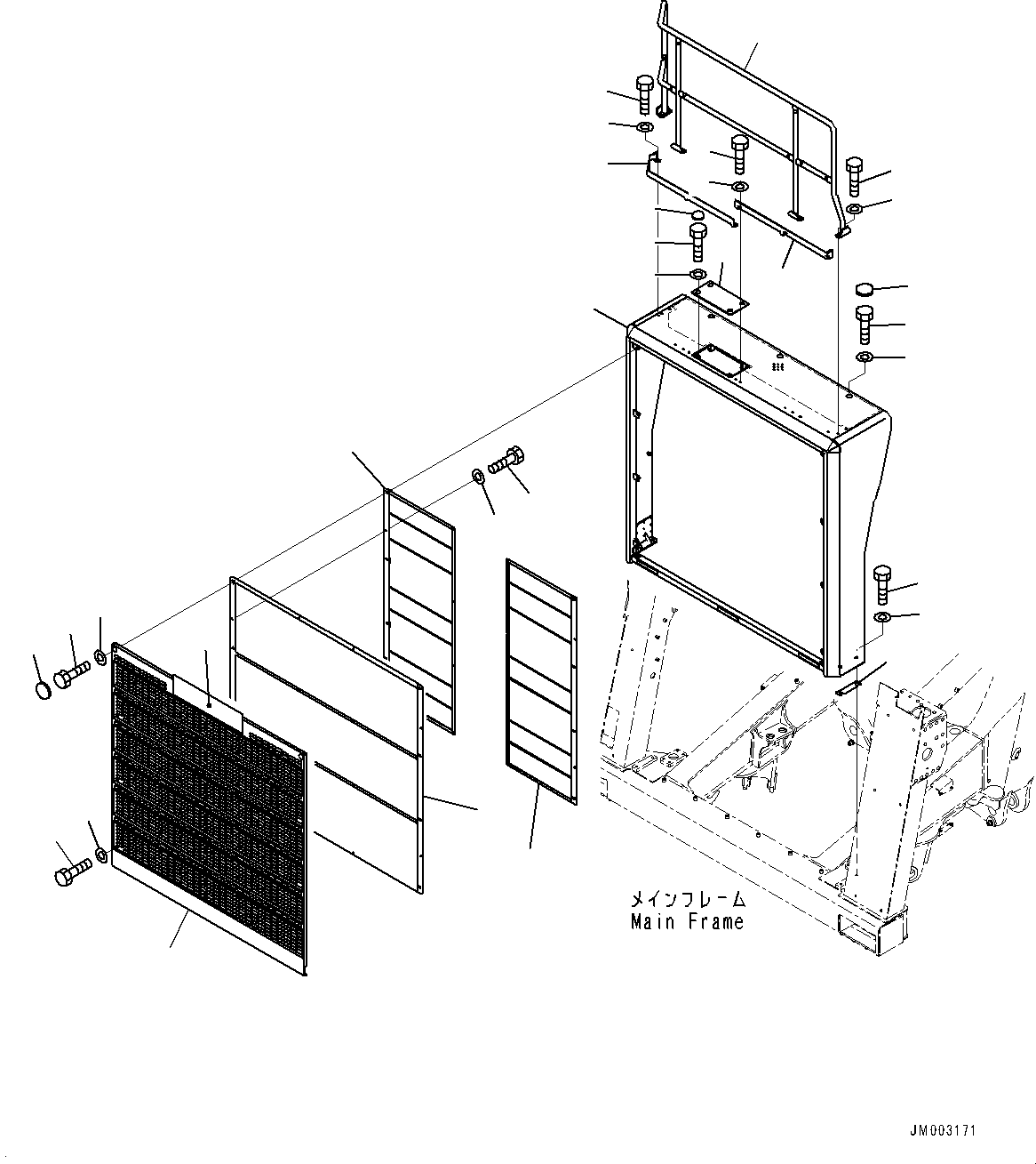 Komatsu parts book diagram for HD785-NI-7 S/N N10561-UP: RADIATOR GUARD (SANDY AND DUSTY TERRAIN ARRANGEMENT, EXTREME HOT AREA SPECIFICATION, ENGINE EMERGENCY SHUT, WITHOUT BATTERY DISC