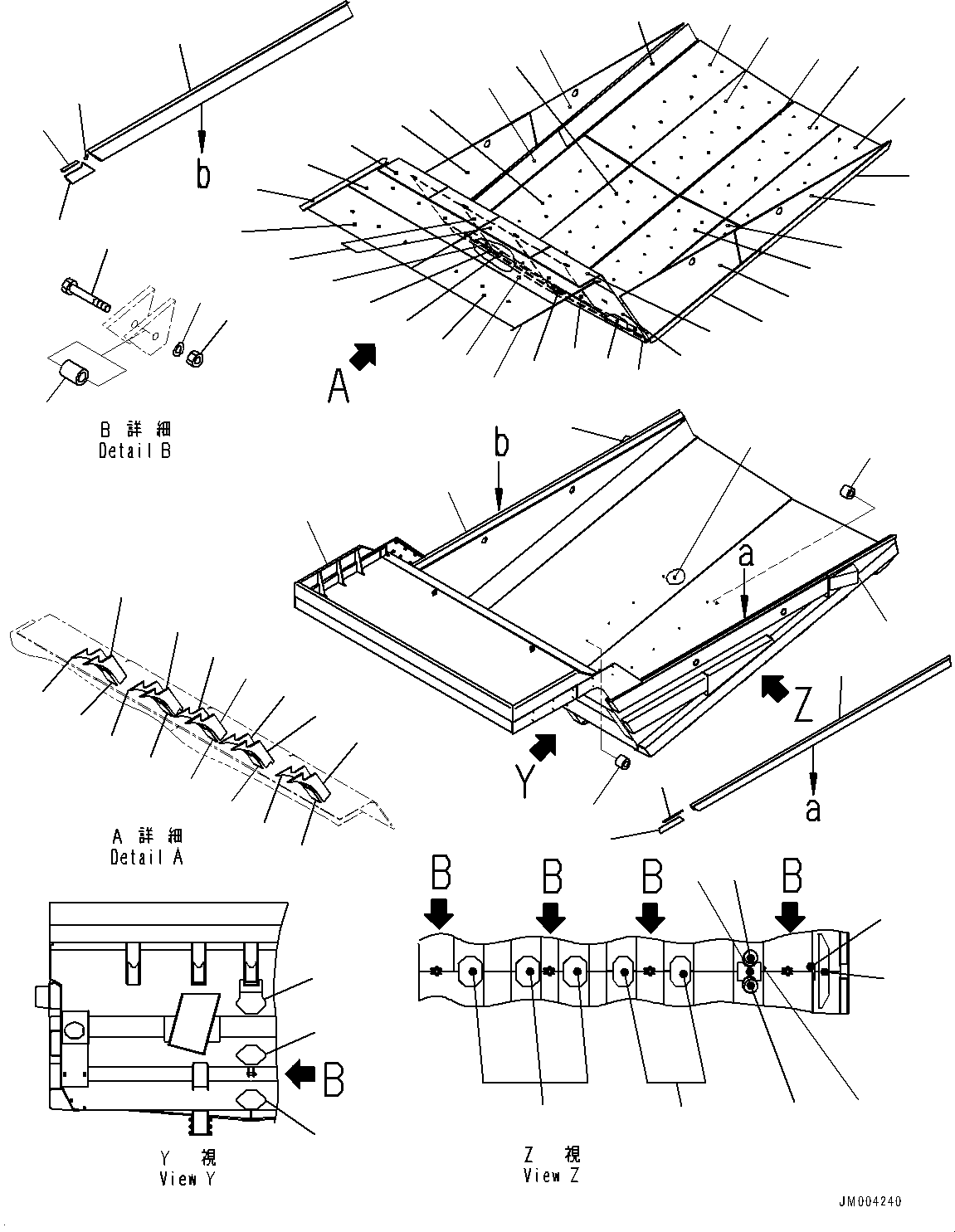 Komatsu parts book diagram for HD785-NI-7 S/N N10561-UP: BODY (WITH SPILL GUARD 300MM, SIDE EXTENSION 200MM, AUTO-GREASING SYSTEM, STEEL LINERS)