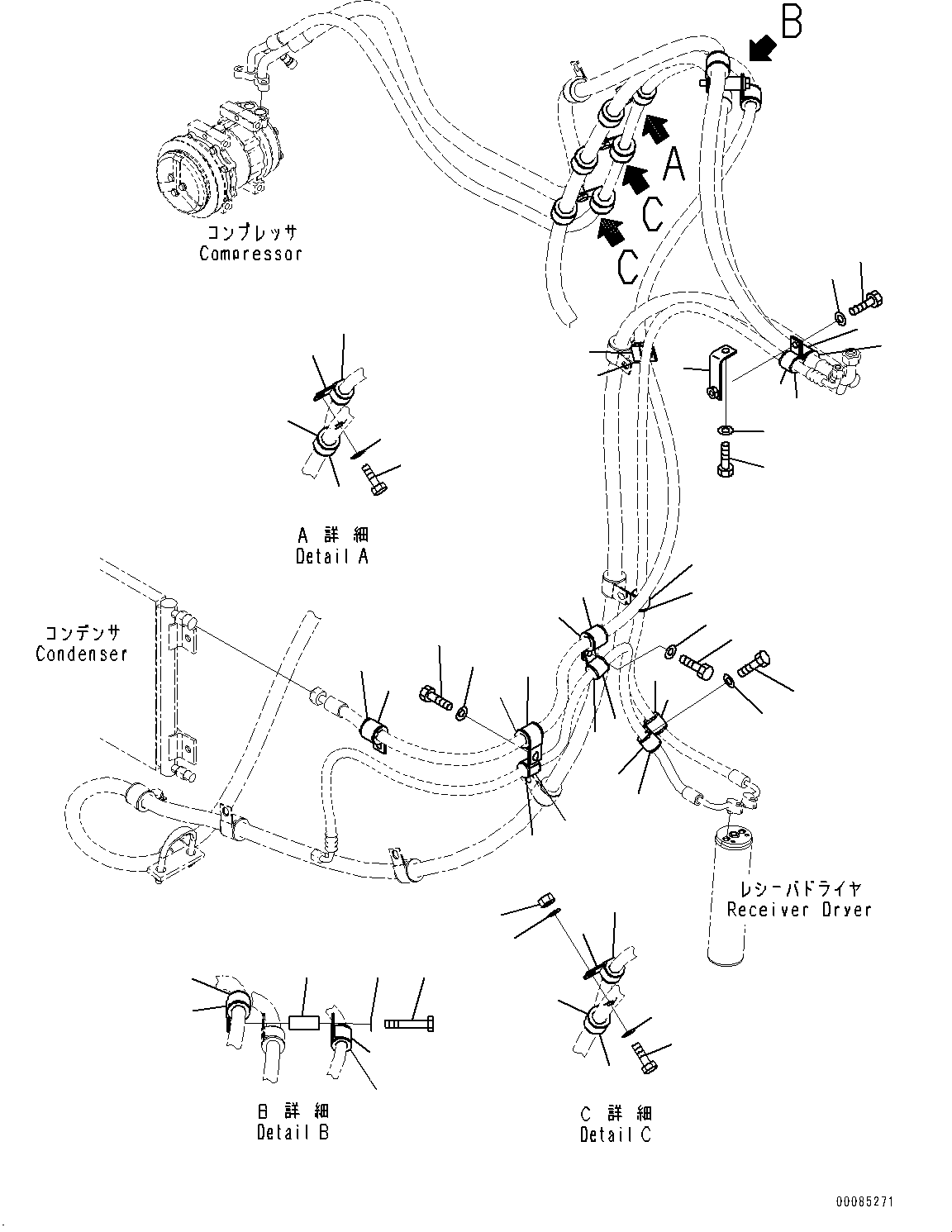 Komatsu parts book diagram for HD785-NI-7 S/N N10561-UP: AIR CONDITIONER RELATED PARTS (OIL FILTER CAUTION) (HOSE CLAMP)