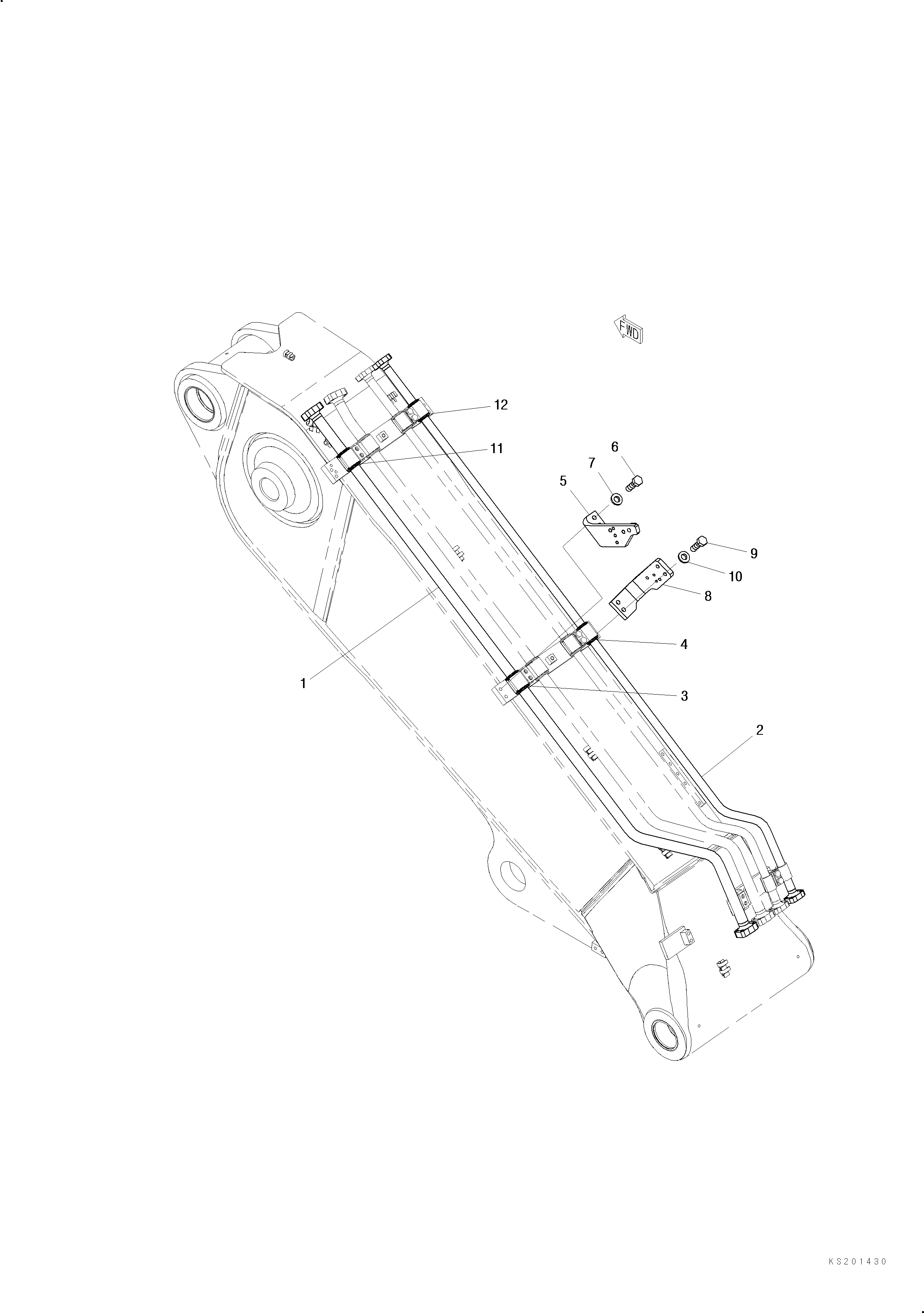 Excavators Komatsu / PC240LC-11 S/N K70001-UP(PC00003U) / Boom, First Boom, for 2-Piece Boom, Bucket Cylinder Piping, Two Tool Control (#K70363-)(T004007 : T1110-004007)