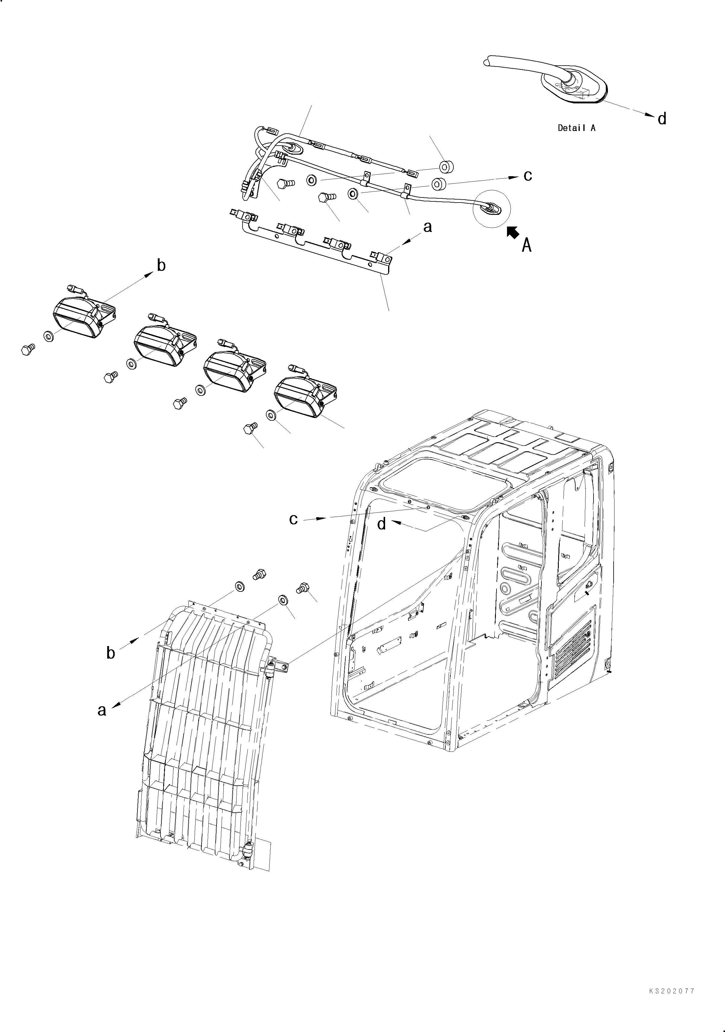 Komatsu parts book diagram for PC240NLC-11 S/N K70001-UP: ADDITIONAL WORKING LAMP, FRONT, CAB TOP, 4 LAMPS, FOR FRONT GUARD (FOR LC DEMO)