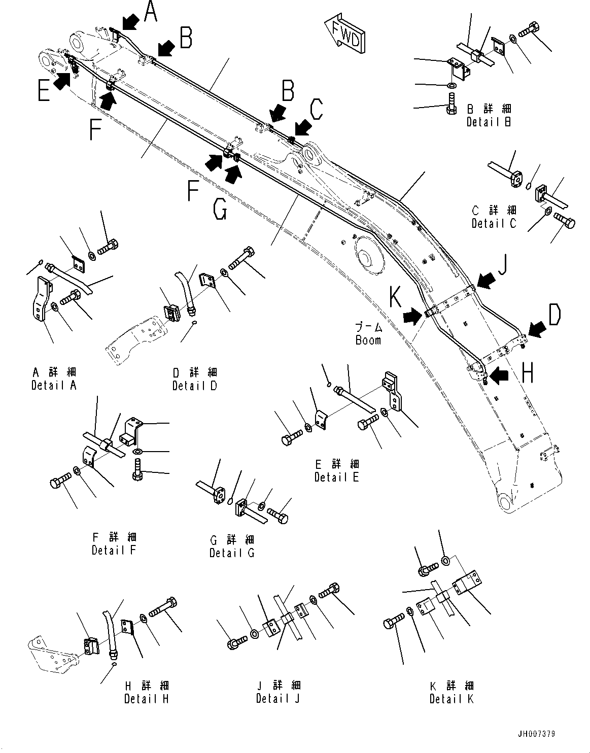 Komatsu parts book diagram for PC240NLC-11 S/N K70001-UP: BOOM, 5900MM HEAVY DUTY TYPE, 2-ATTACHMENT, ADDITIONAL PIPING