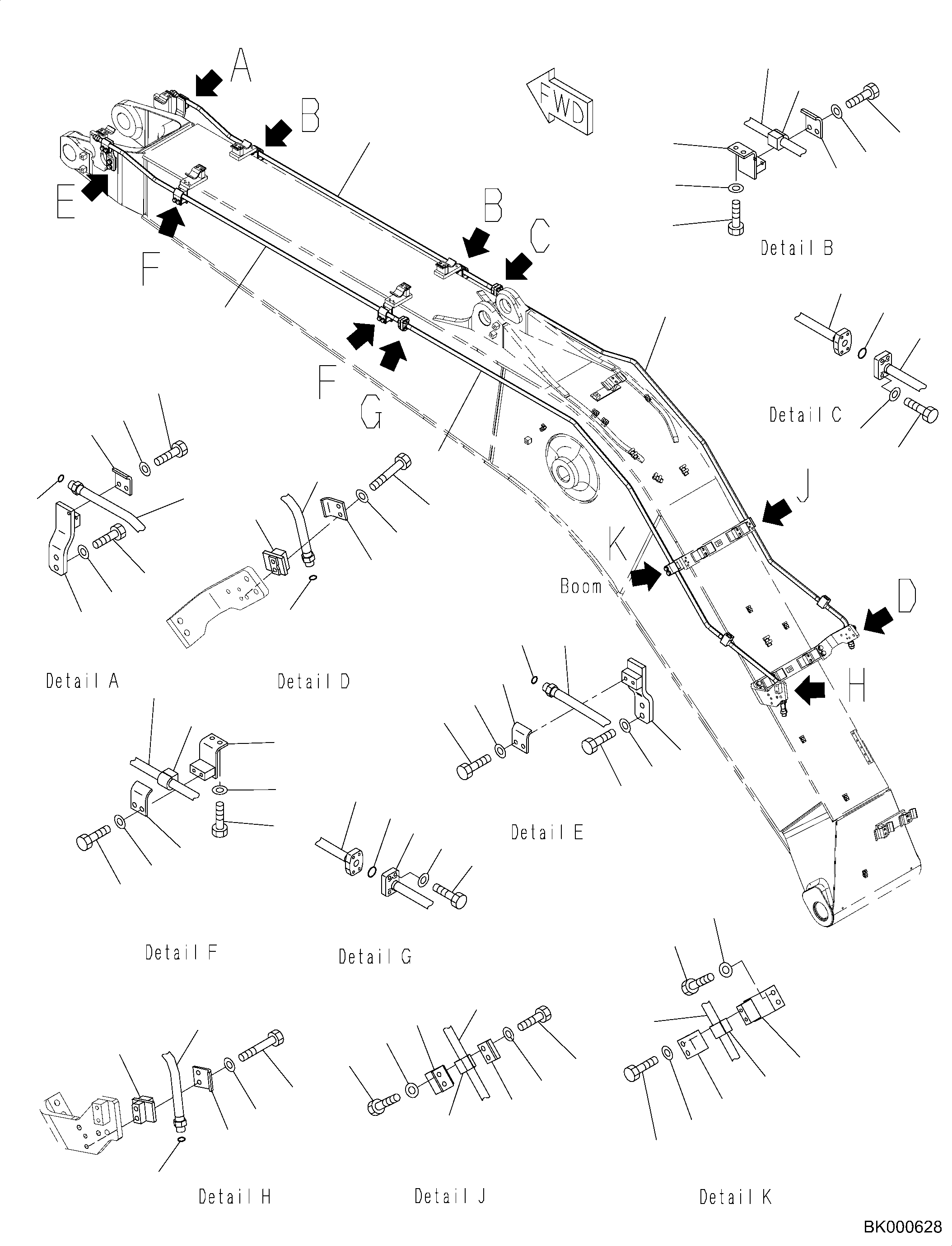 Komatsu parts book diagram for PC240NLC-11 S/N K70001-UP: BOOM, 5900MM HEAVY DUTY TYPE, 2-ATTACHMENT, ADDITIONAL PIPING, TWO TOOL CONTROL (#K70363-)