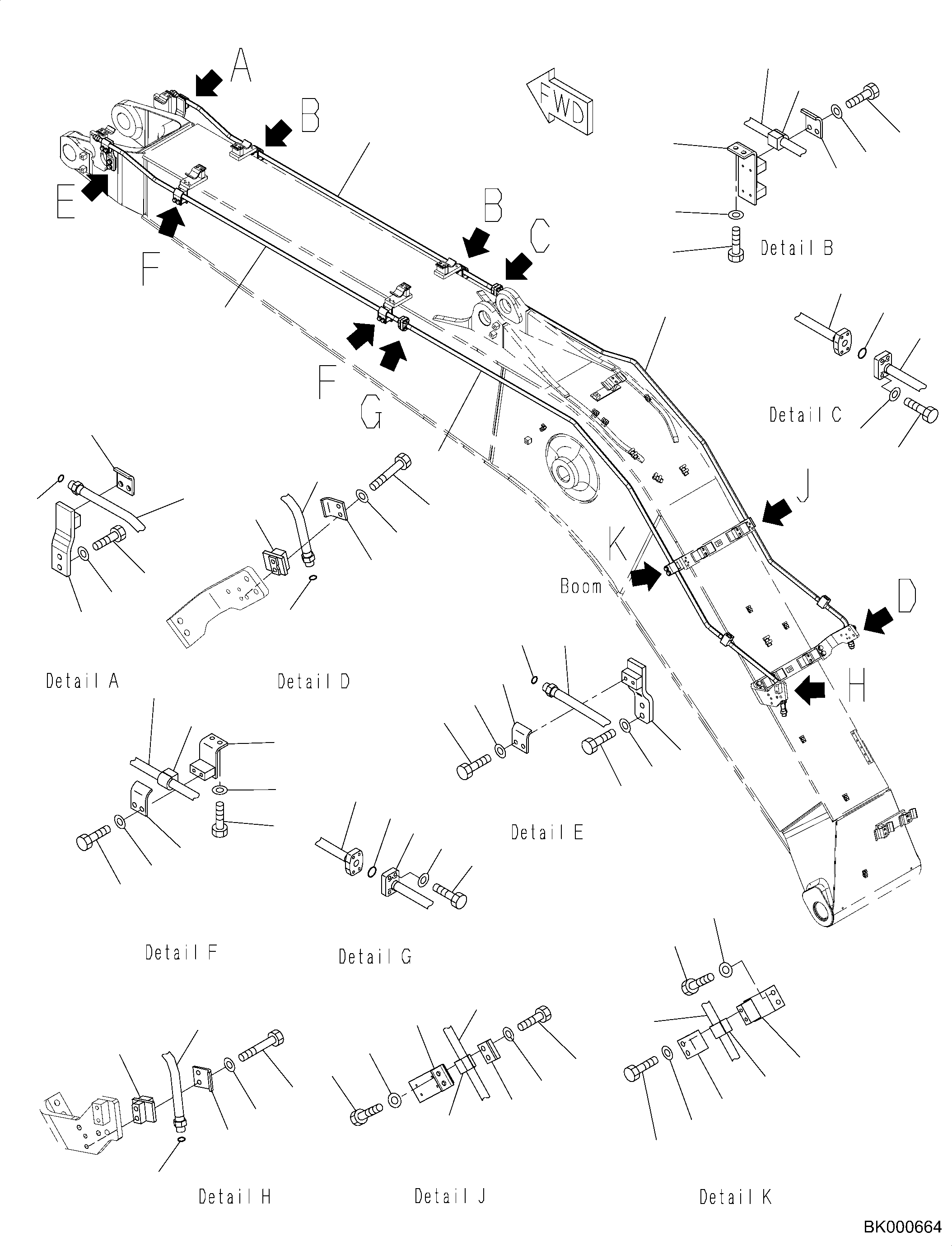 Komatsu parts book diagram for PC240NLC-11 S/N K70001-UP: BOOM, 5900MM HEAVY DUTY TYPE, 2-ATTACHMENT, ADDITIONAL PIPING, TWO TOOL CONTROL, ATTACHMENT DRAIN PIPING (#K70363-)