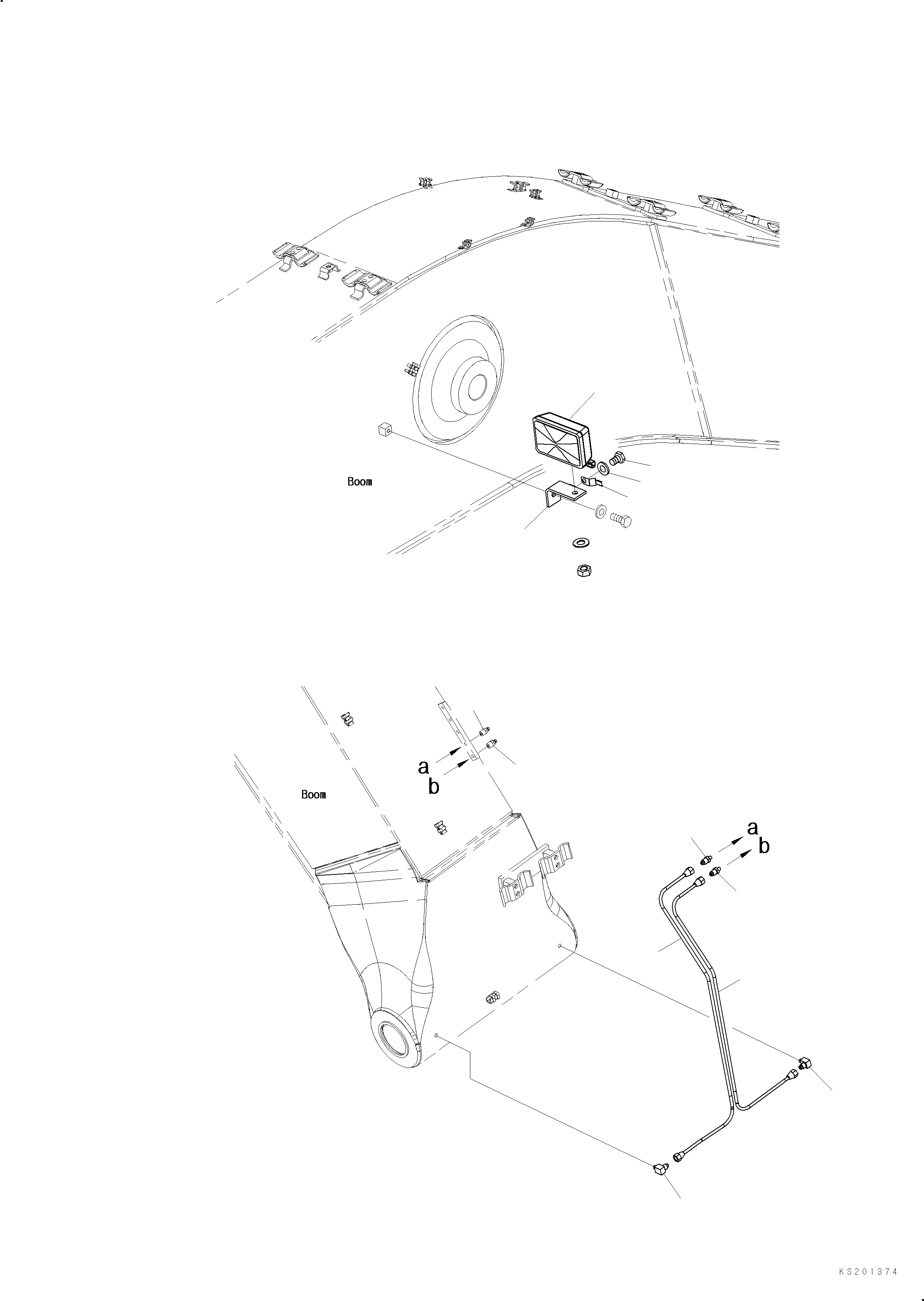 Komatsu parts book diagram for PC240NLC-11 S/N K70001-UP: BOOM, FOR 18M SUPER LONG FRONT, BOOM FOOT, LUBRICATION PIPING AND WORKING LAMP