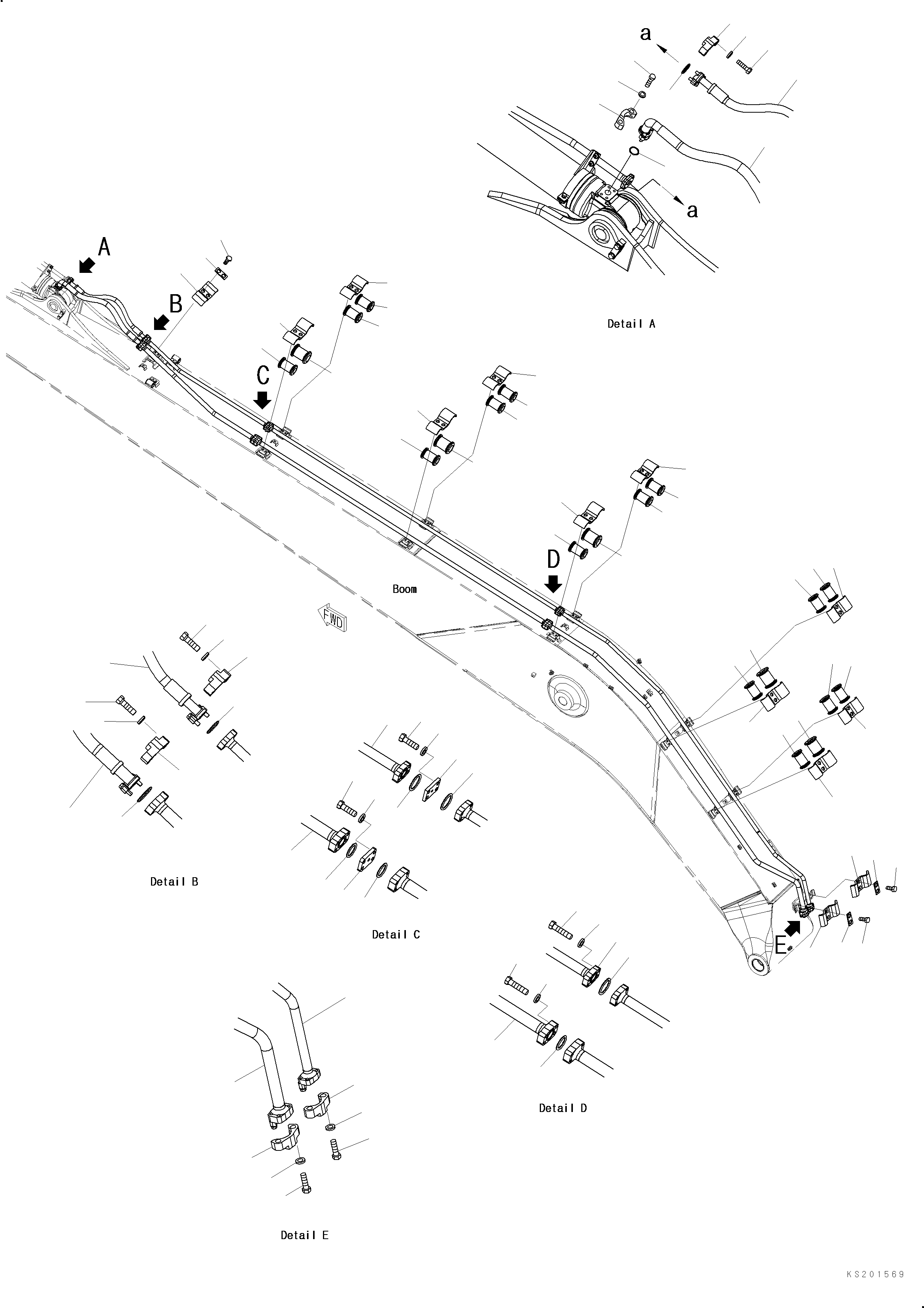 Komatsu parts book diagram for PC240NLC-11 S/N K70001-UP: BOOM, FOR 18M SUPER LONG FRONT, ARM CYLINDER PIPING