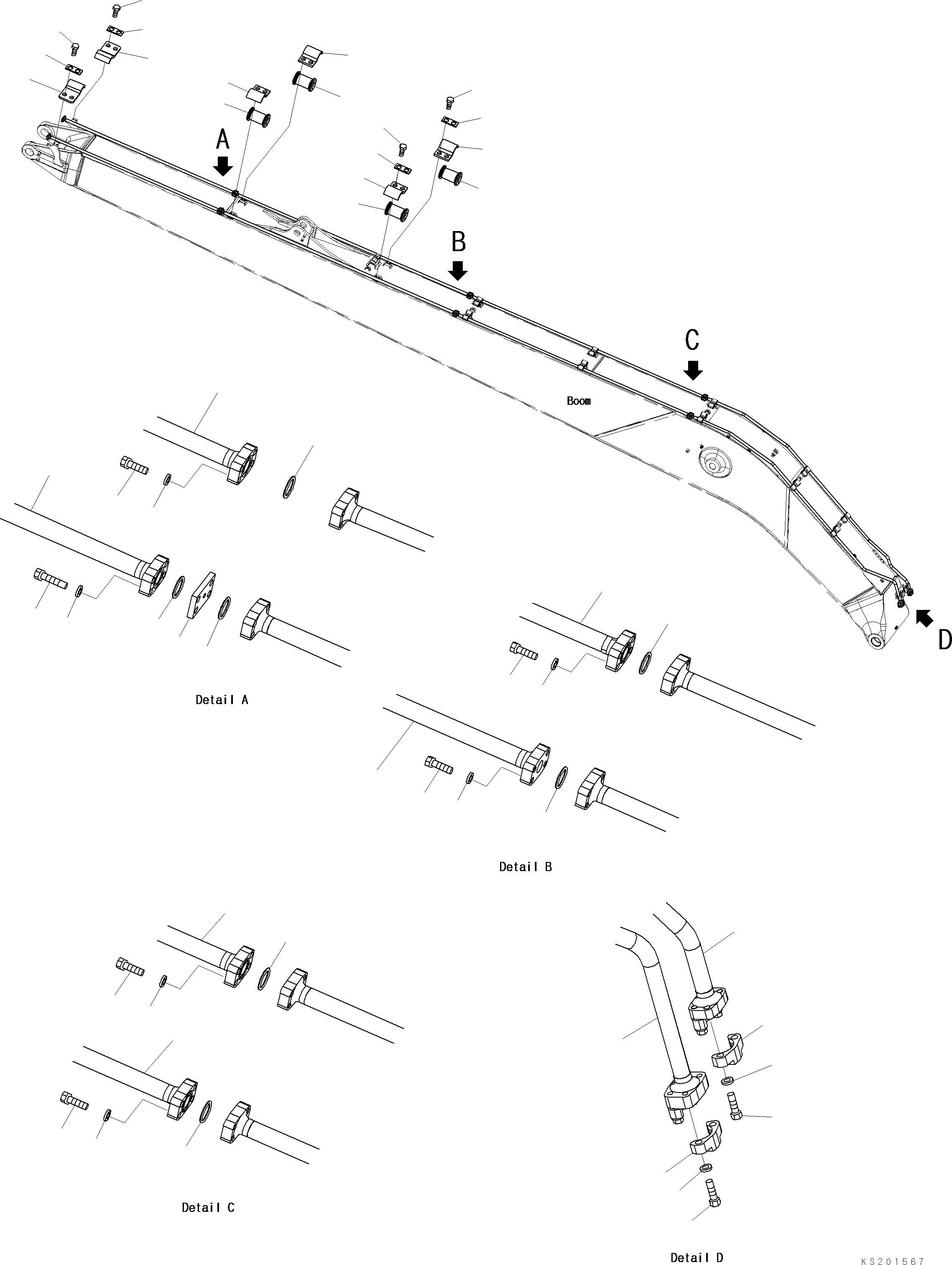 Komatsu parts book diagram for PC240NLC-11 S/N K70001-UP: BOOM, FOR 18M SUPER LONG FRONT, BUCKET CYLINDER PIPING