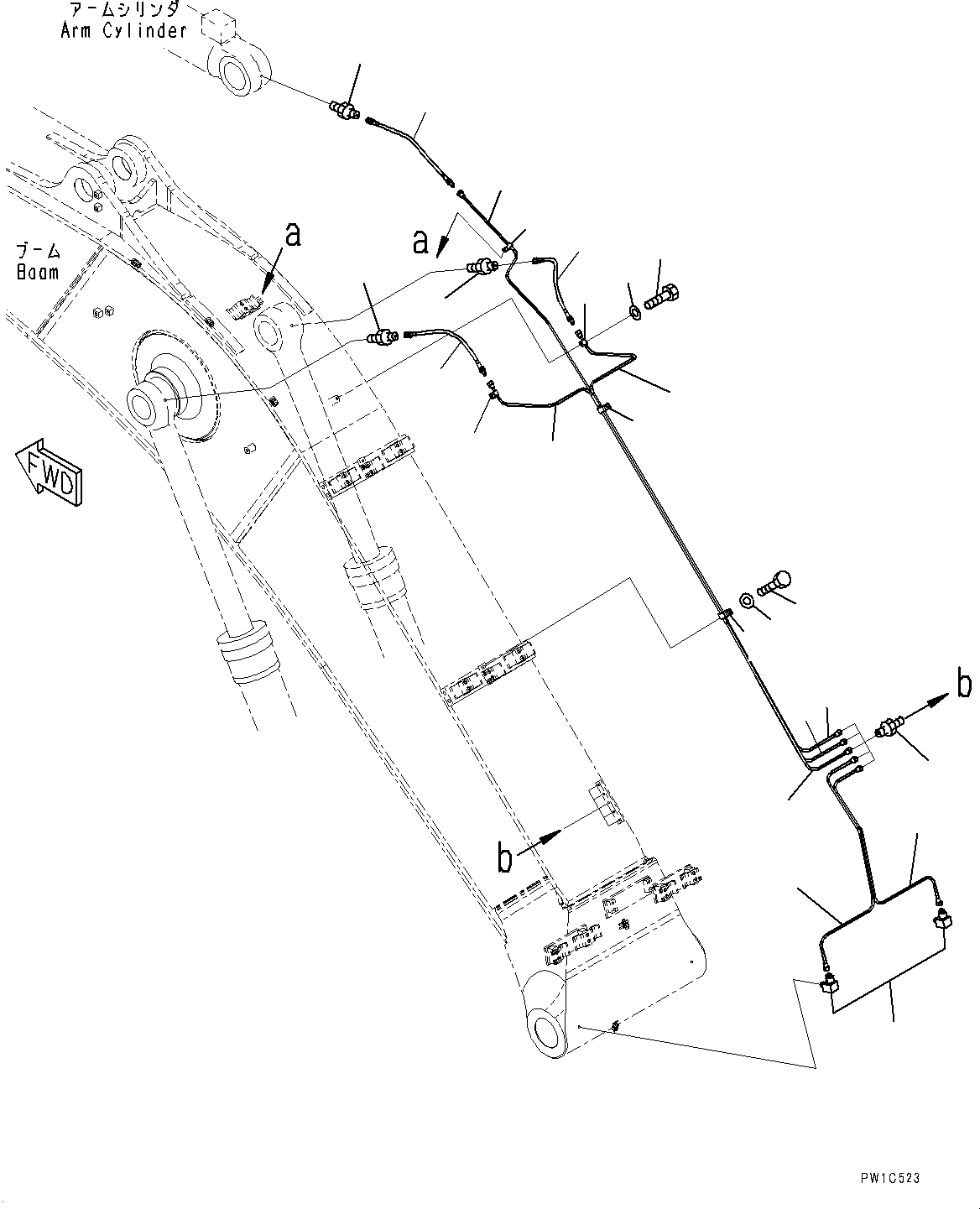 Komatsu parts book diagram for PC300-8 S/N K55001-UP: BOOM, 6.5M, STRENGTHENED, LUBRICATION PIPING