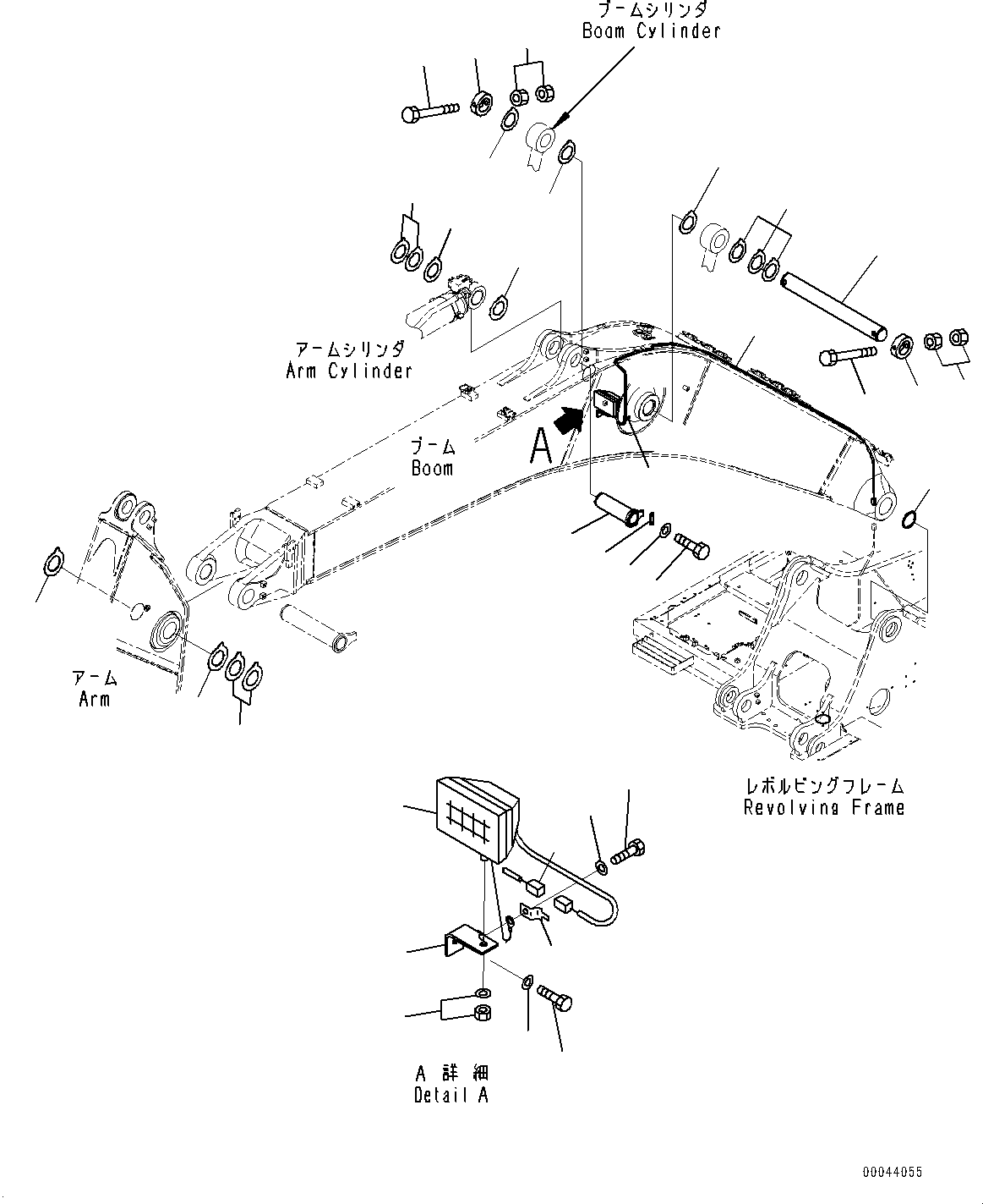Komatsu parts book diagram for PC300-8 S/N K55001-UP: BOOM, 6.5M, STRENGTHENED, CYLINDER PIN AND WORKING LAMP