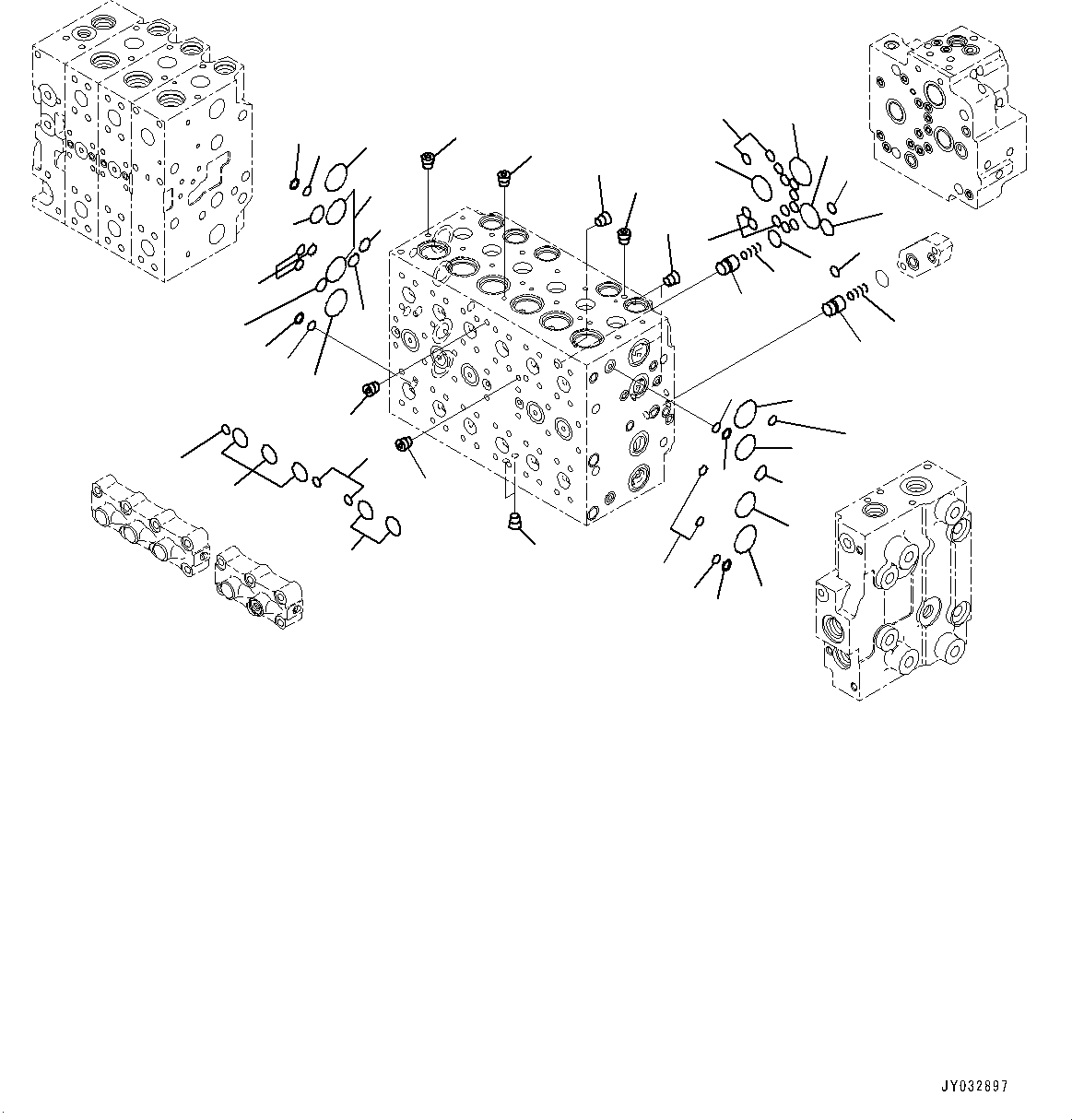 Komatsu parts book diagram for HB365LC-3E0 S/N K75001-UP: CONTROL VALVE, 9-SPOOL, 2-ADDITIONAL ACTUATOR PIPING, ACCUMULATOR, INNER PARTS (3/24)