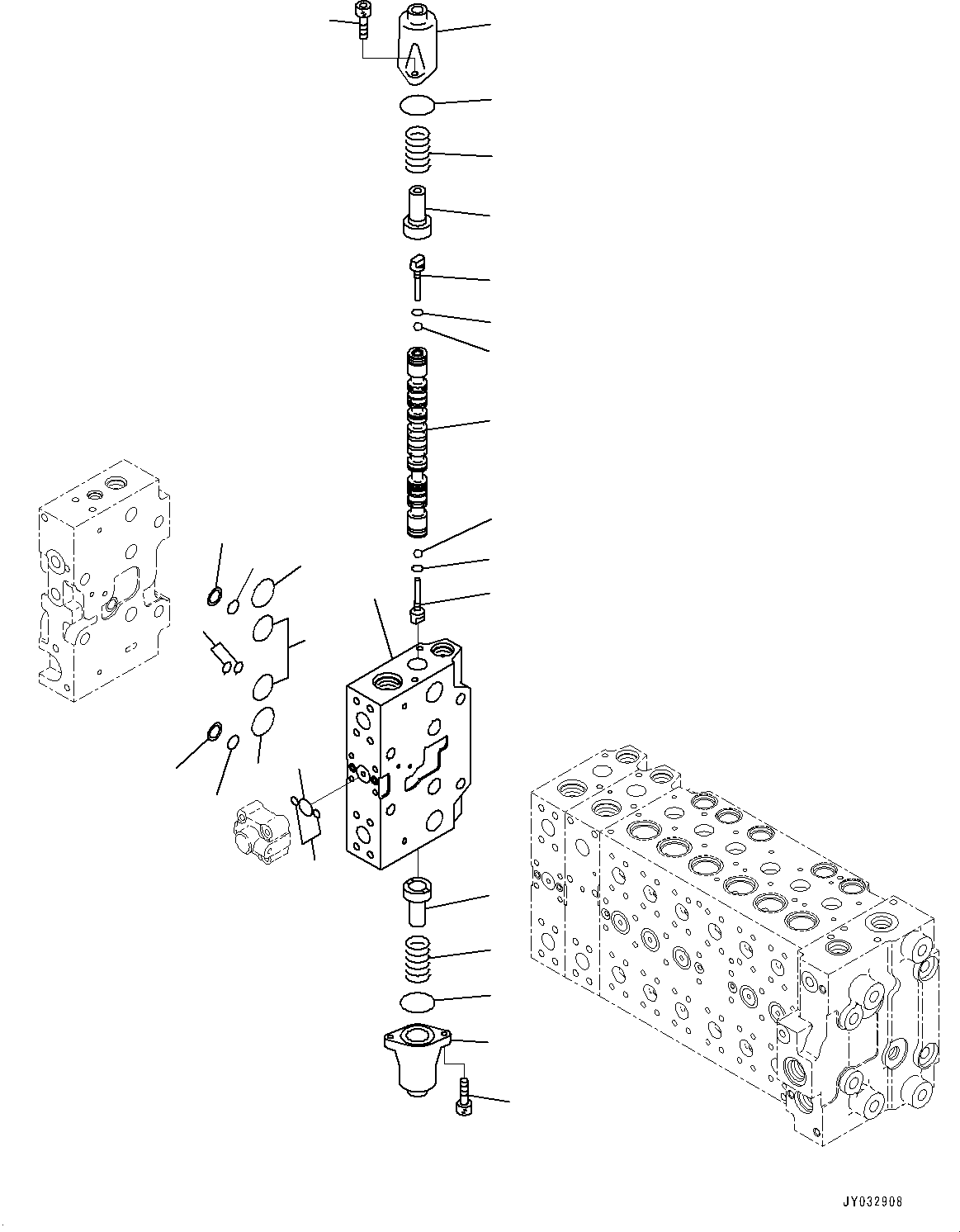 Komatsu parts book diagram for HB365LC-3E0 S/N K75001-UP: CONTROL VALVE, 9-SPOOL, 2-ADDITIONAL ACTUATOR PIPING, ACCUMULATOR, INNER PARTS (22/24)