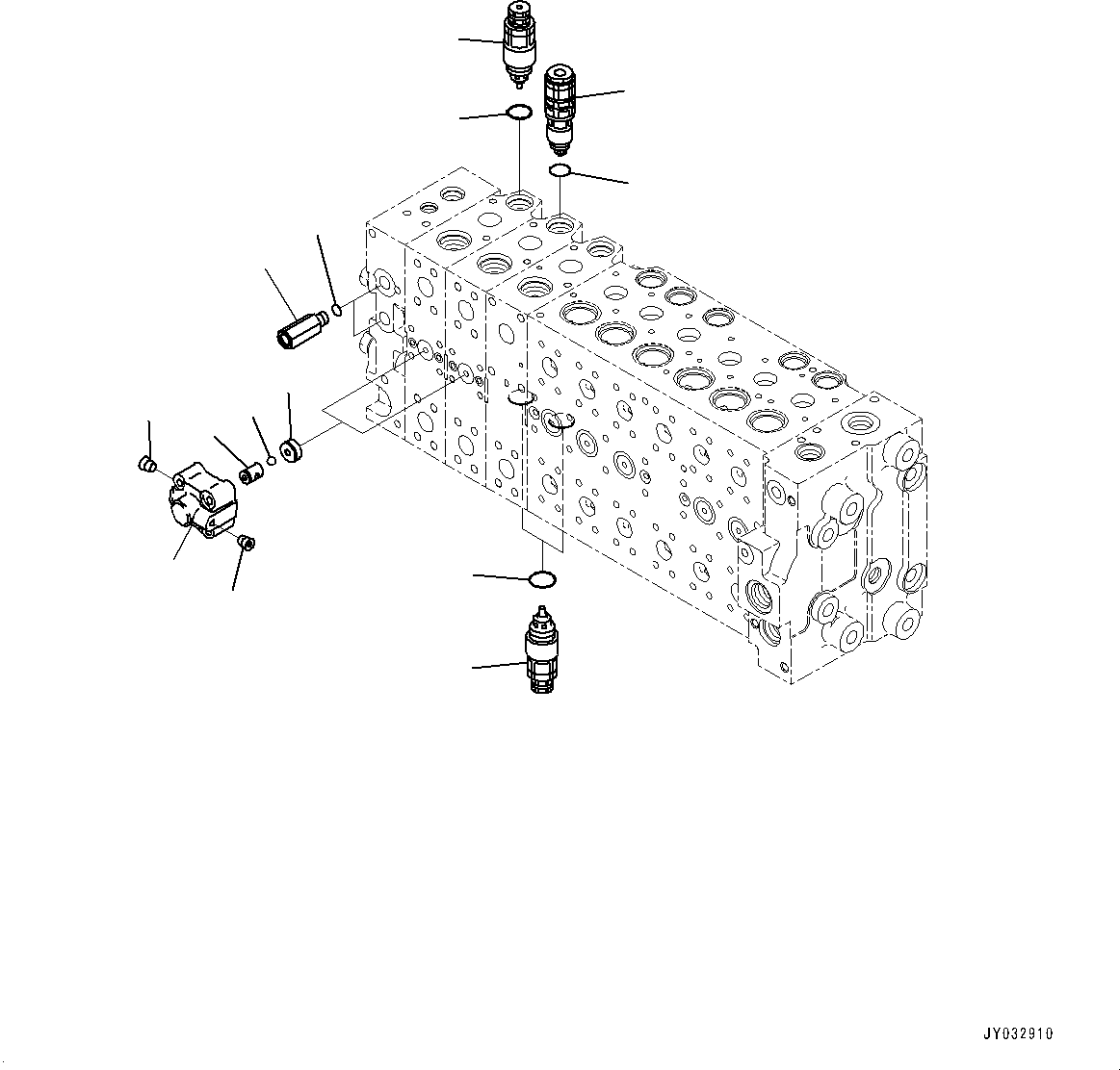 Komatsu parts book diagram for HB365LC-3E0 S/N K75001-UP: CONTROL VALVE, 9-SPOOL, 2-ADDITIONAL ACTUATOR PIPING, ACCUMULATOR, INNER PARTS (24/24)