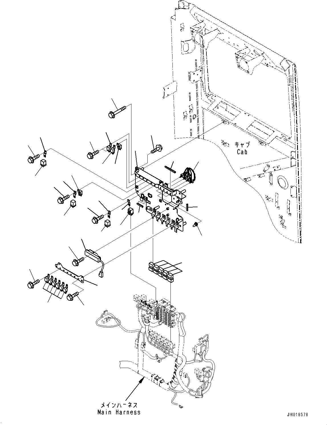 Komatsu parts book diagram for HB365LC-3E0 S/N K75001-UP: CAB, ADDITIONAL ACTUATOR PIPING, ACCUMULATOR, CAB IN PARTS, SUB PLATE AND RELAY