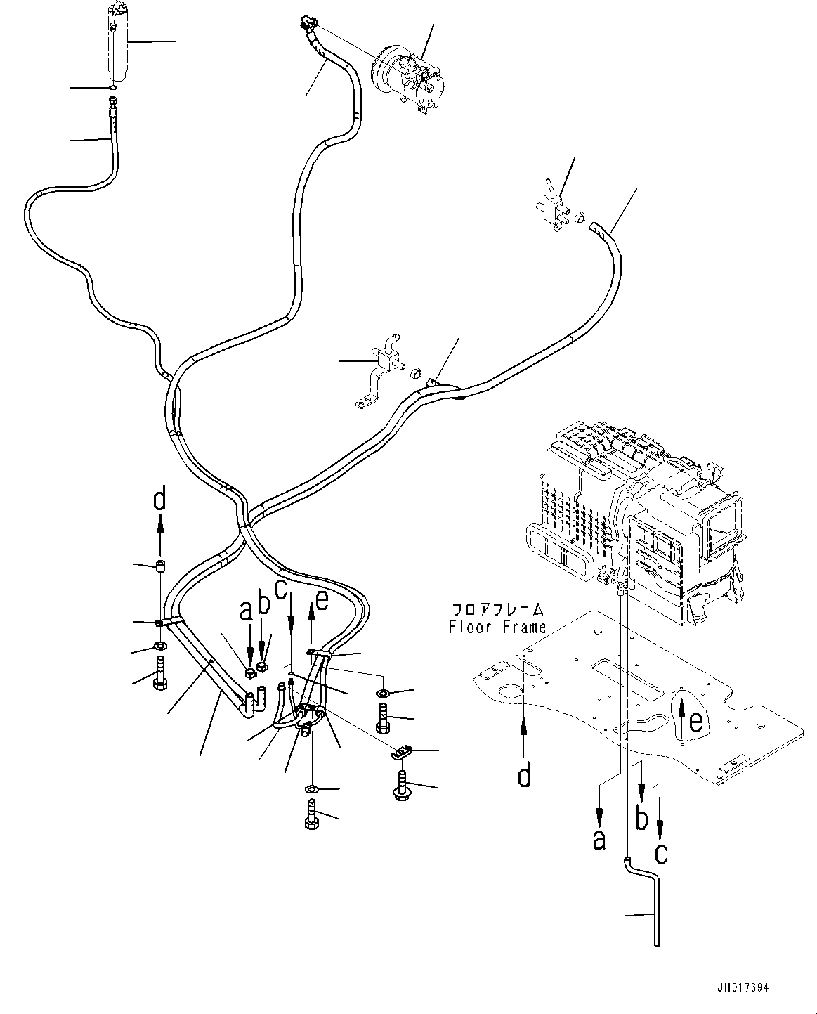 Komatsu parts book diagram for HB365LC-3E0 S/N K75001-UP: CAB, ADDITIONAL ACTUATOR PIPING, ACCUMULATOR, FLOOR, AIR CONDITIONER PIPING