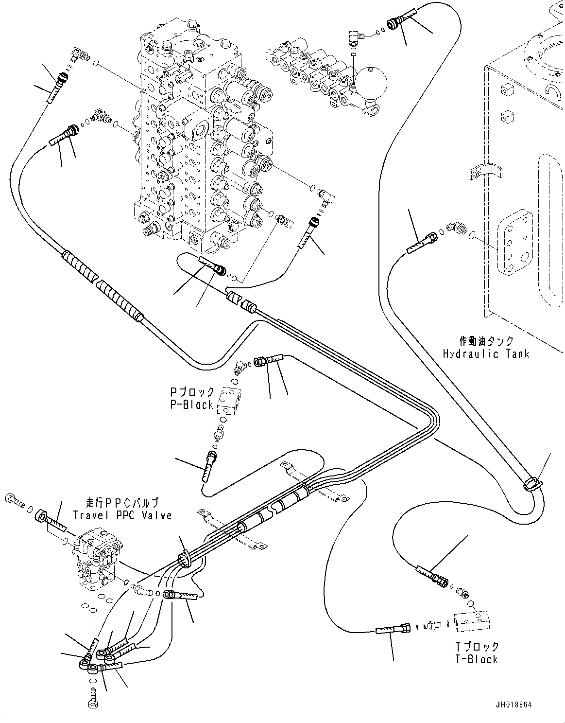 Komatsu parts book diagram for HB365LC-3E0 S/N K75001-UP: CAB, ADDITIONAL ACTUATOR PIPING, ACCUMULATOR, FLOOR, PPC PIPING FOR TRAVEL VALVE