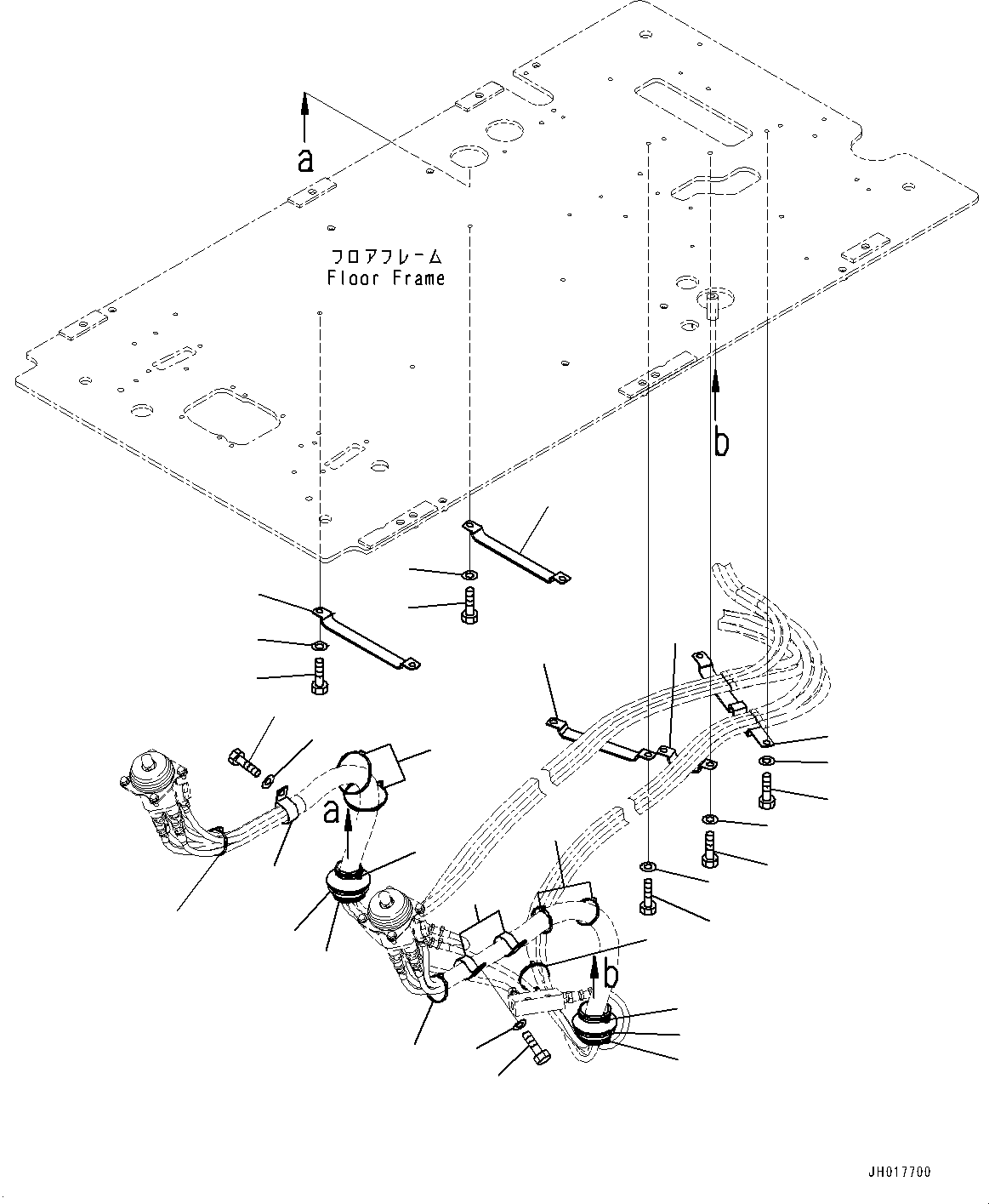 Komatsu parts book diagram for HB365LC-3E0 S/N K75001-UP: CAB, ADDITIONAL ACTUATOR PIPING, ACCUMULATOR, FLOOR, PIPING MOUNTING