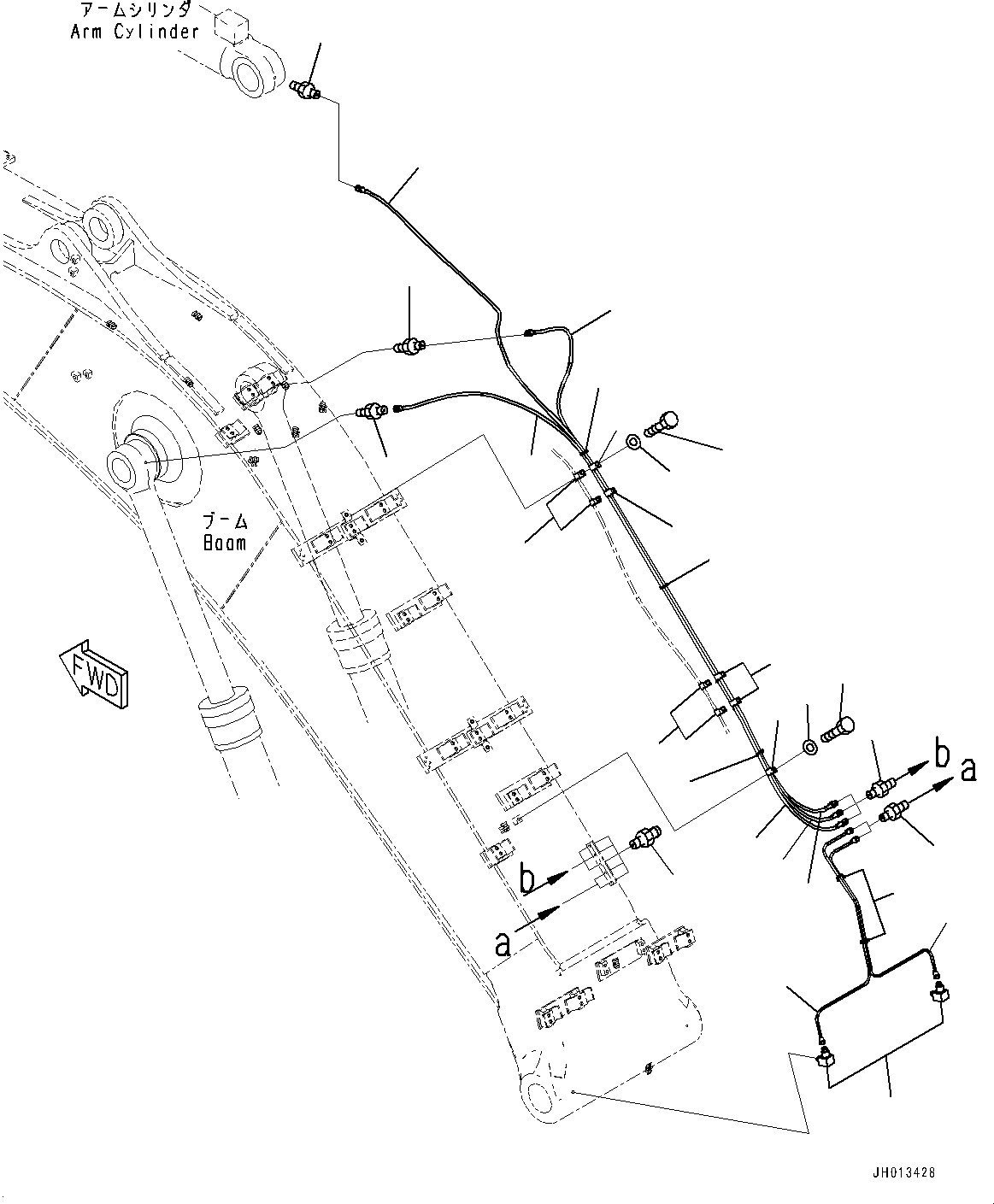 Komatsu parts book diagram for HB365LC-3E0 S/N K75001-UP: BOOM, 6500MM, 2-ATTACHMENT, QUICK COUPLING, LUBRICATION PIPING