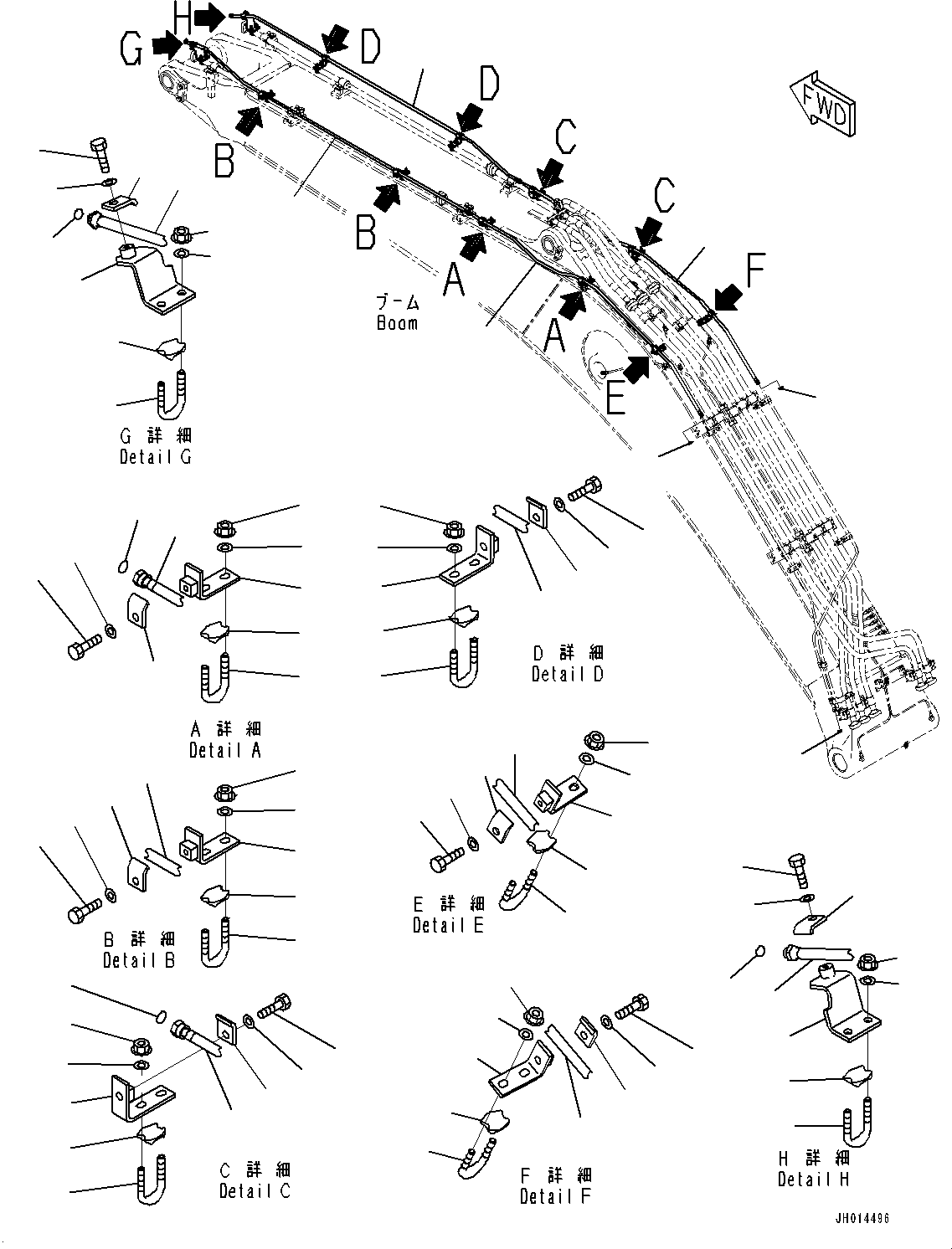 Komatsu parts book diagram for HB365LC-3E0 S/N K75001-UP: BOOM, 6500MM, 1-ATTACHMENT, QUICK COUPLING, QUICK COUPLER PIPING