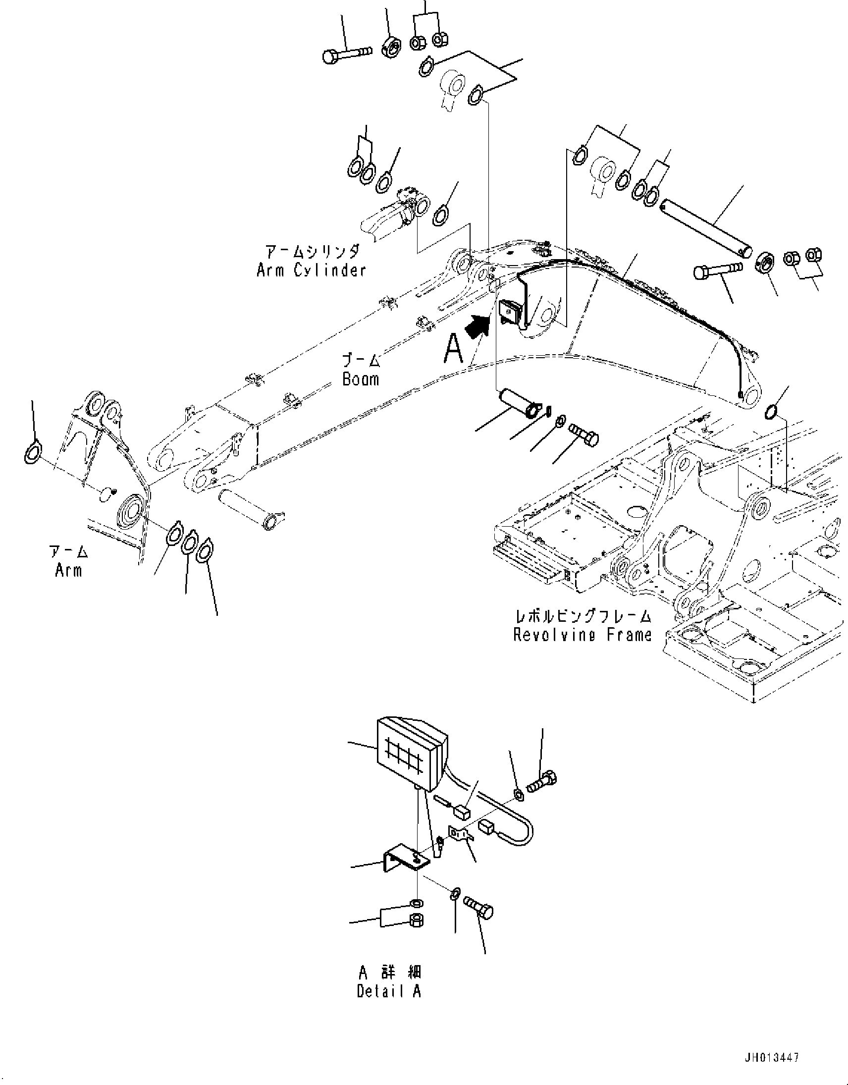 Komatsu parts book diagram for HB365LC-3E0 S/N K75001-UP: BOOM, 6500MM, 2-ATTACHMENT AND DRAIN LINE (FHQC), CYLINDER PIN AND WORKING LAMP