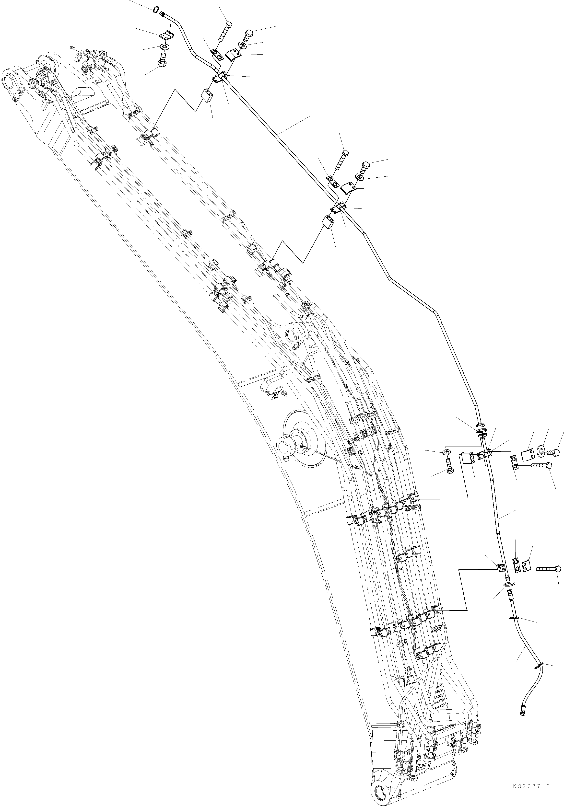 Komatsu parts book diagram for HB365LC-3E0 S/N K75001-UP: BOOM, 6500MM, 2-ATTACHMENT AND DRAIN LINE (FHQC), DRAIN PIPING