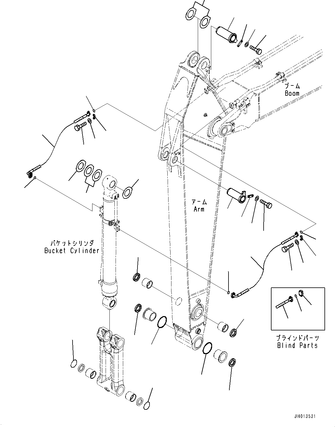 Komatsu parts book diagram for HB365LC-3E0 S/N K75001-UP: ARM, 3200MM, QUICK COUPLING, BUCKET CYLINDER HOSE AND PIN