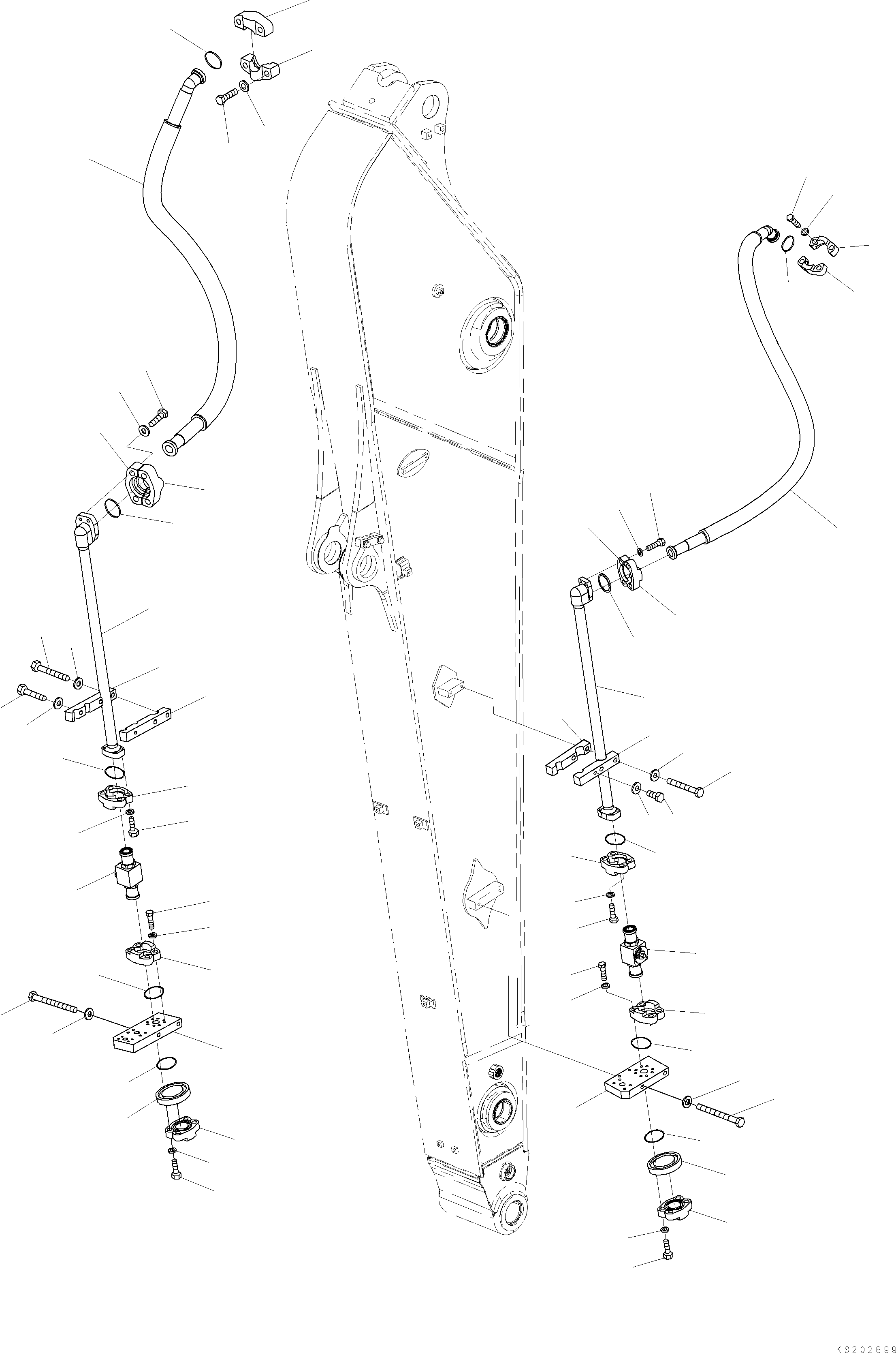 Komatsu parts book diagram for HB365LC-3E0 S/N K75001-UP: ARM, 3200MM, 2-ADDITIONAL ACTUATOR PIPING, ACCUMULATOR, QUICK COUPLING, DRAIN PIPING (1/3) (FHQC)