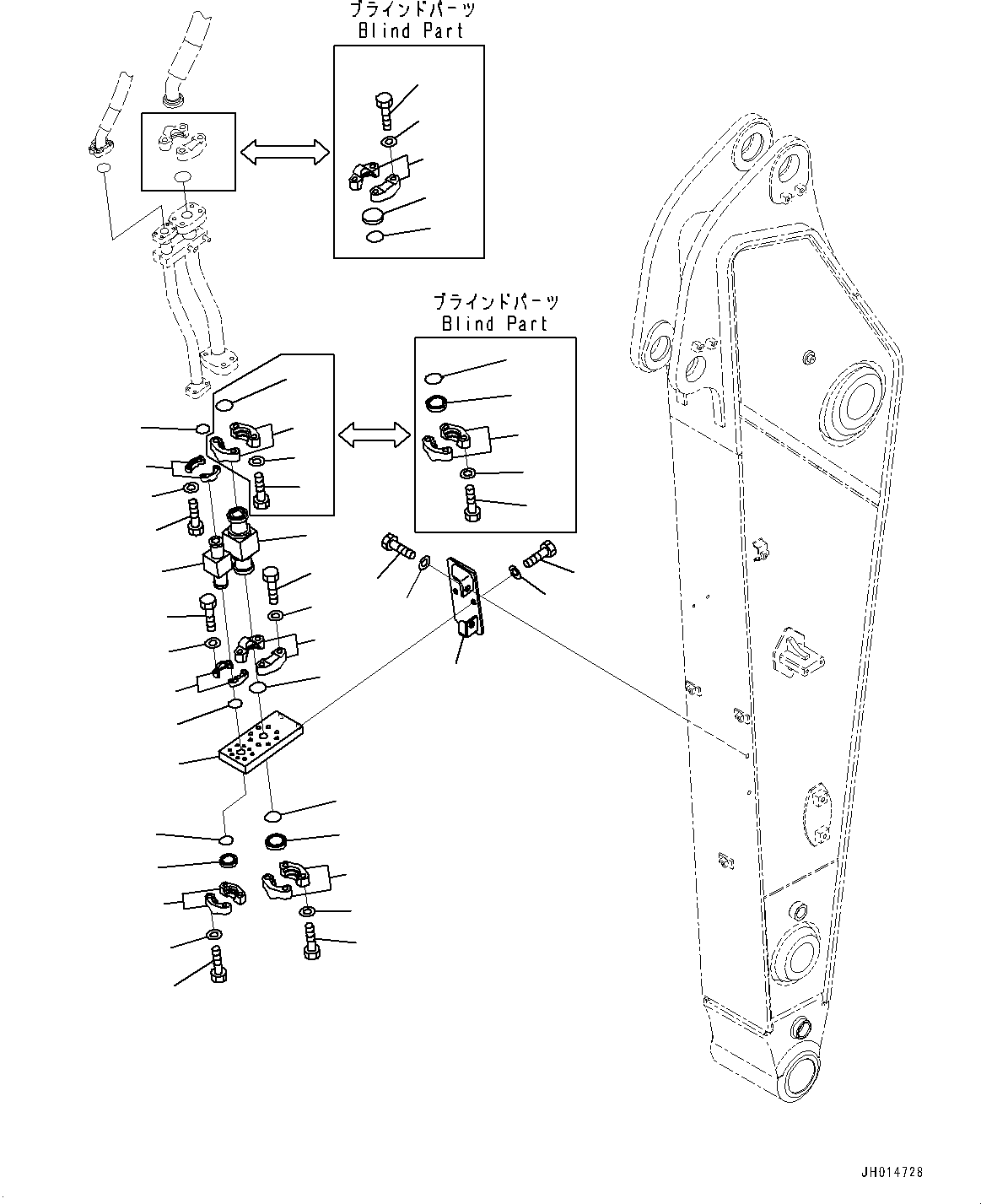 Komatsu parts book diagram for HB365LC-3E0 S/N K75001-UP: ARM, 2600MM, 1-ATTACHMENT, 2-ADDITIONAL ACTUATOR PIPING, ACCUMULATOR, QUICK COUPLING, ADDITIONAL PIPING, ADDITIONAL VALVE, R.H.