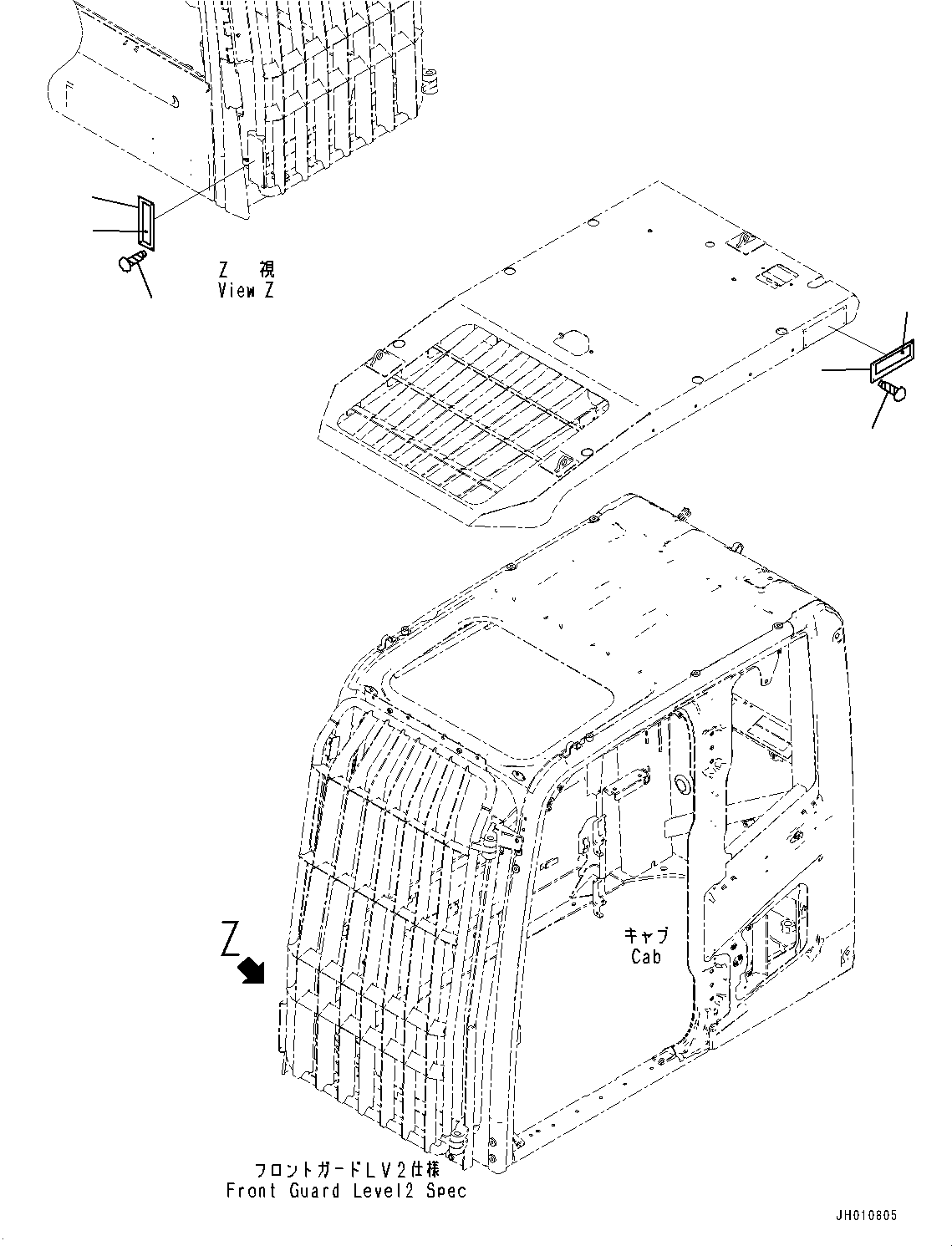 Komatsu parts book diagram for HB365LC-3E0 S/N K75001-UP: FOPS PLATE, CAB FRONT FULL GUARD LV2, TOP GUARD LV2