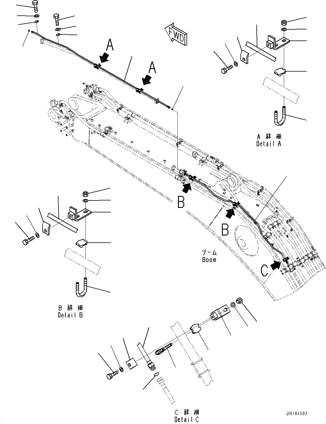 Komatsu parts book diagram for PC360LCI-11E0 S/N 91258-UP: BOOM, 6500MM, 2-ATTACHMENT, QUICK COUPLER PIPING (2/3)