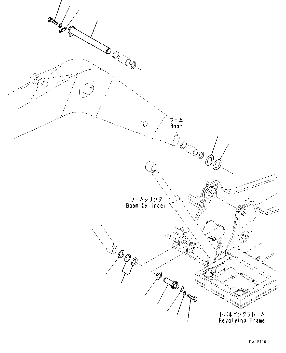 Komatsu parts book diagram for PC200-8M0 / PC200LC-8M0 S/N B50001 AND UP: BOOM FOOT PIN, 100 HOURS LUBRICATION INTERVAL