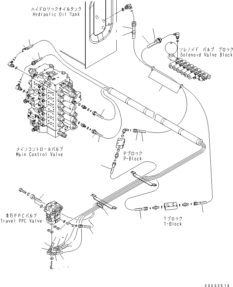 Komatsu parts book diagram for PC200LC-8E0 S/N 1001-UP: OPERATOR'S CAB (FLOOR) (P.P.C.PIPING FOR TRAVEL VALVE)