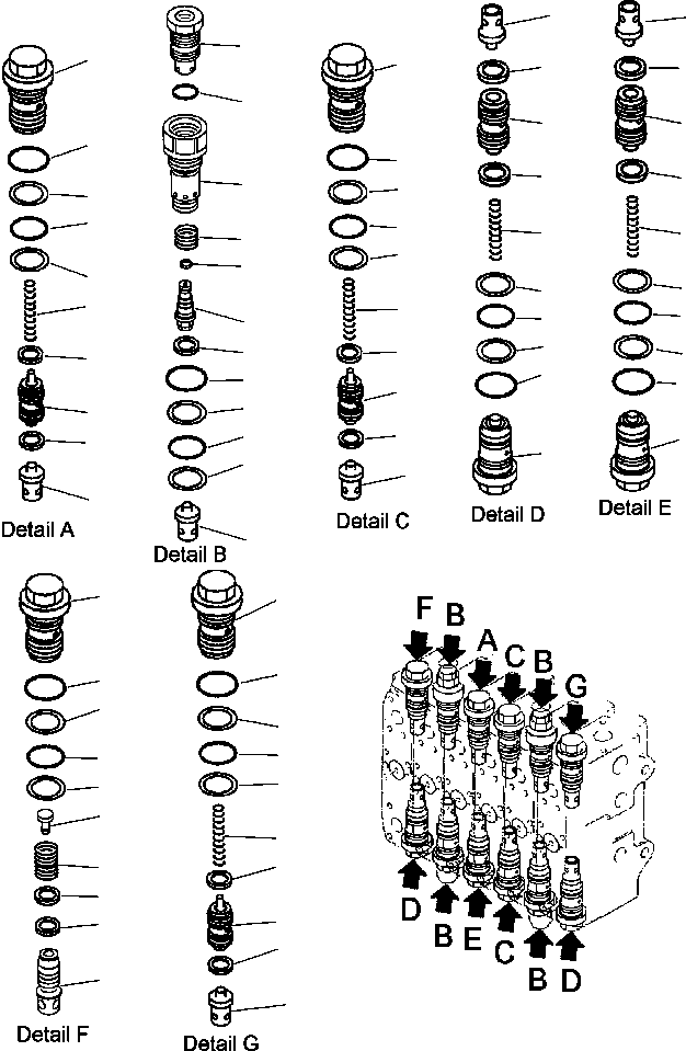 Excavators Komatsu / PC200LL-6 S/N A85001-UP(PC200LL6) / FIG. H0122-03A0 MAIN VALVE - VALVE SPOOLS(H-044 : H0122-03A0)