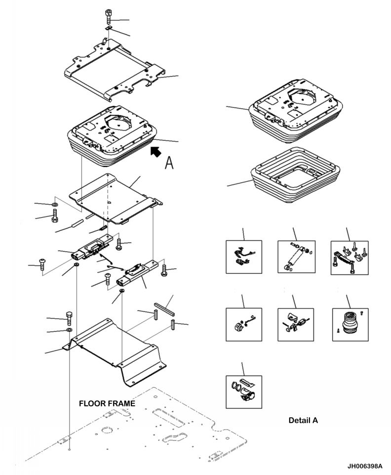 Komatsu parts book diagram for PC240LL-10 SN A20601-UP: K1110-001053 CAB OPERATORS SEAT BASE
