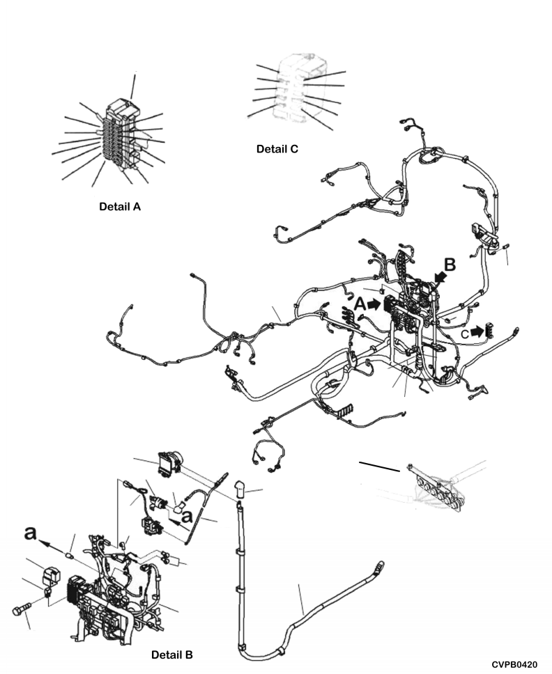 Komatsu parts book diagram for PC240LL-10 SN A20601-UP: K1110-001054 CAB FLOOR HARNESS