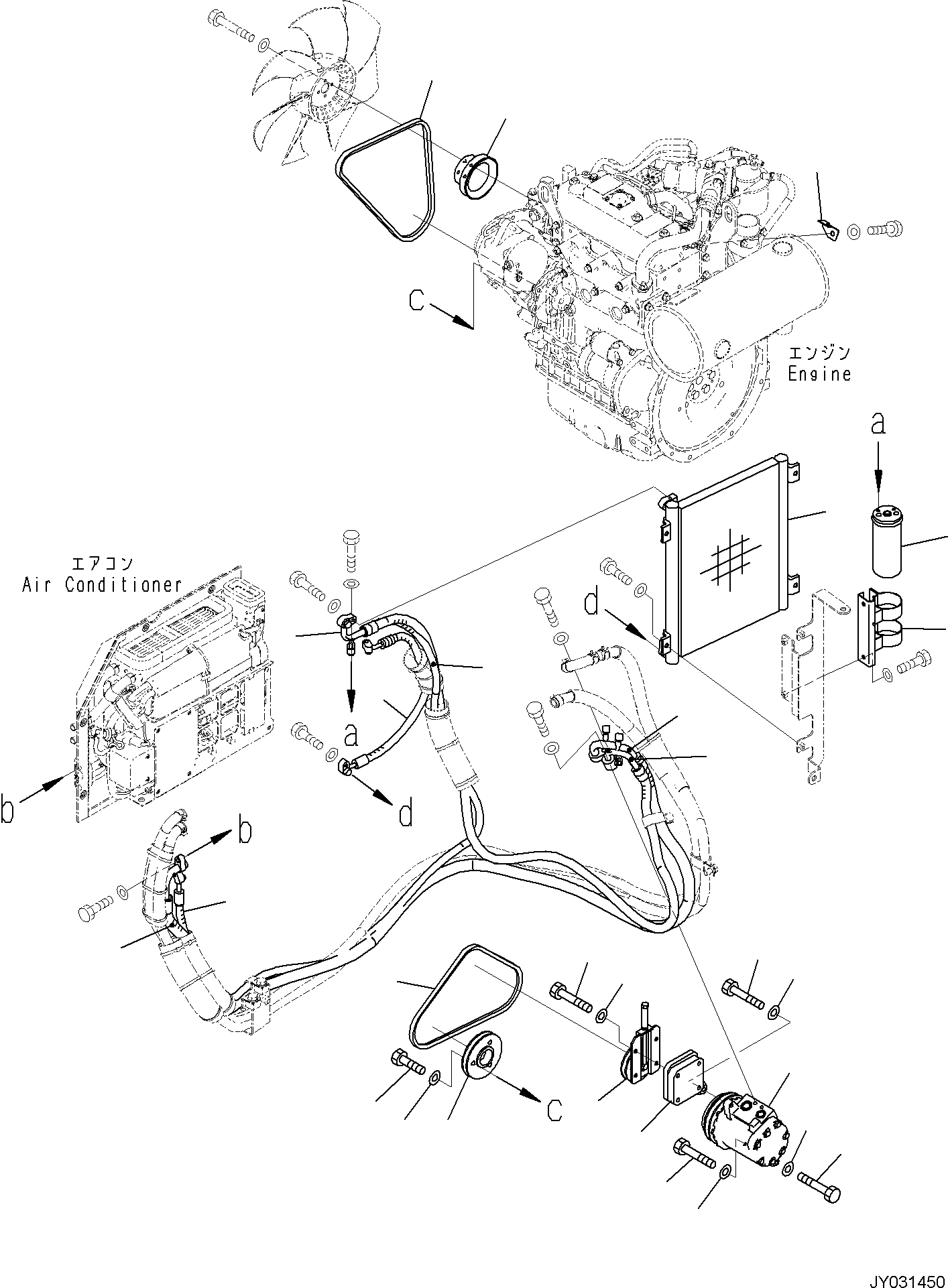 Komatsu parts book diagram for PC30MR-5 S/N F50002 AND UP: ENGINE RELATED PARTS FOR CAB WITH AIR CONDITIONER, ENGINE RELATED PARTS, AIR CONDITIONER PIPING